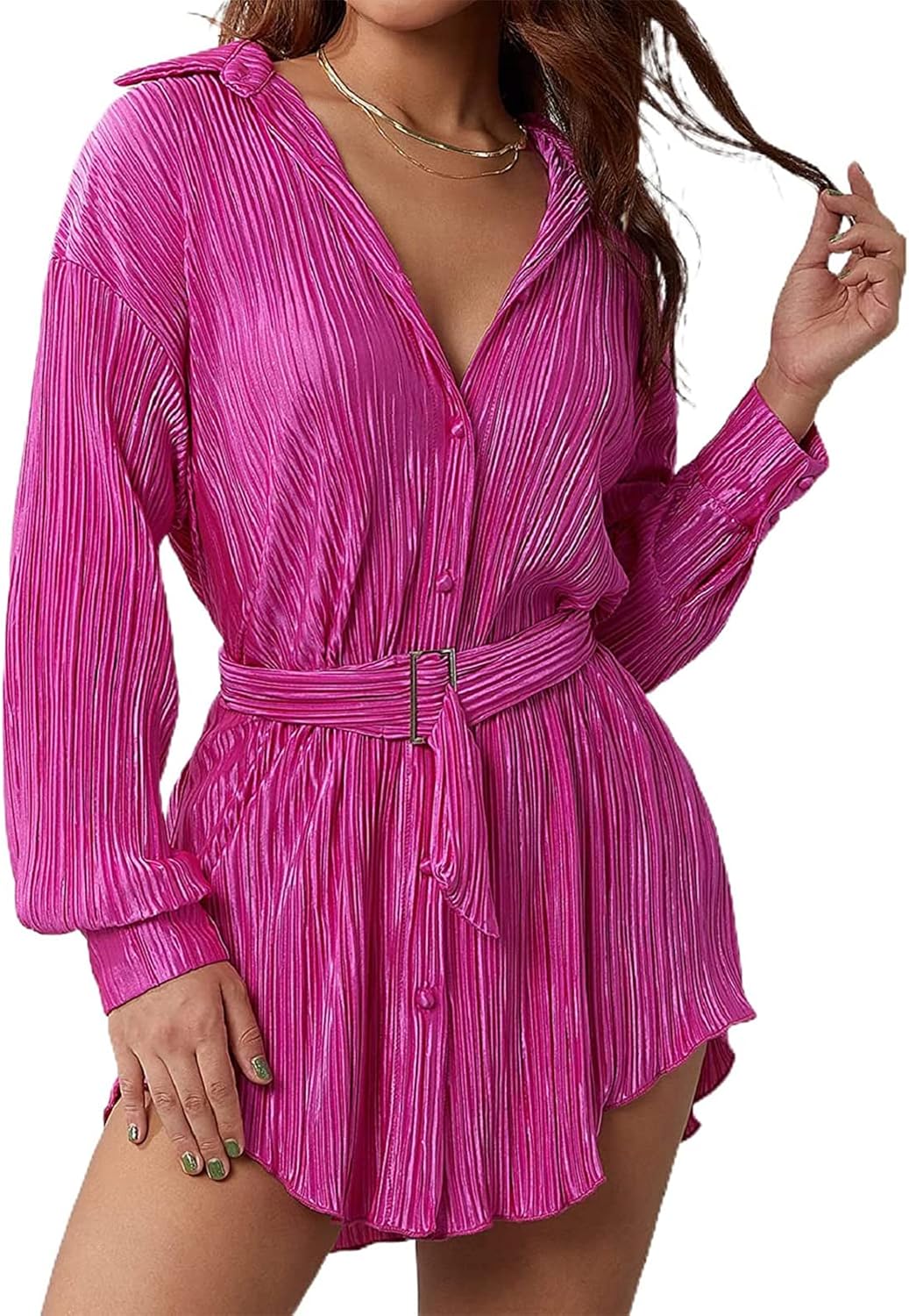 Women Shirt Dresses Long Sleeve Pleated Mini Dress Casual Button Down Tunic Tops with Belt Vintage Streetwear