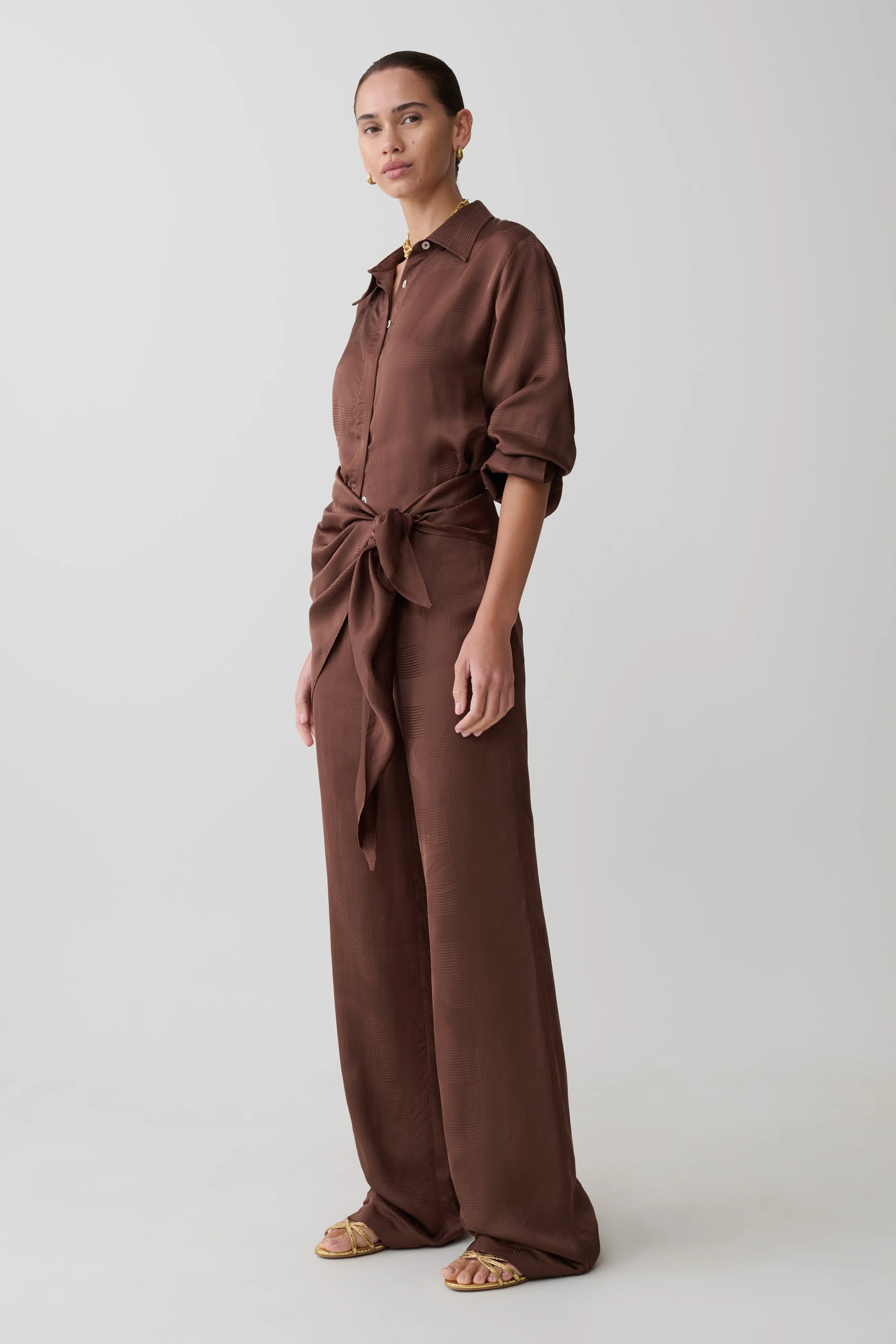 Gia Long Sleeve Satin Shirt Chocolate