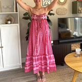 Women Boho Maxi Dress Crochet Patchwork Sleeveless Long Flowy Swing Dress Pink Beach Sundresses