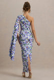 Clementina Purple Lily Print Asymmetric Cape Sleeve Maxi Dress