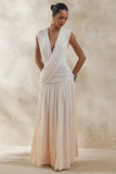 Glorina Cream Plunge Neck Maxi Dress With Draped Detailing