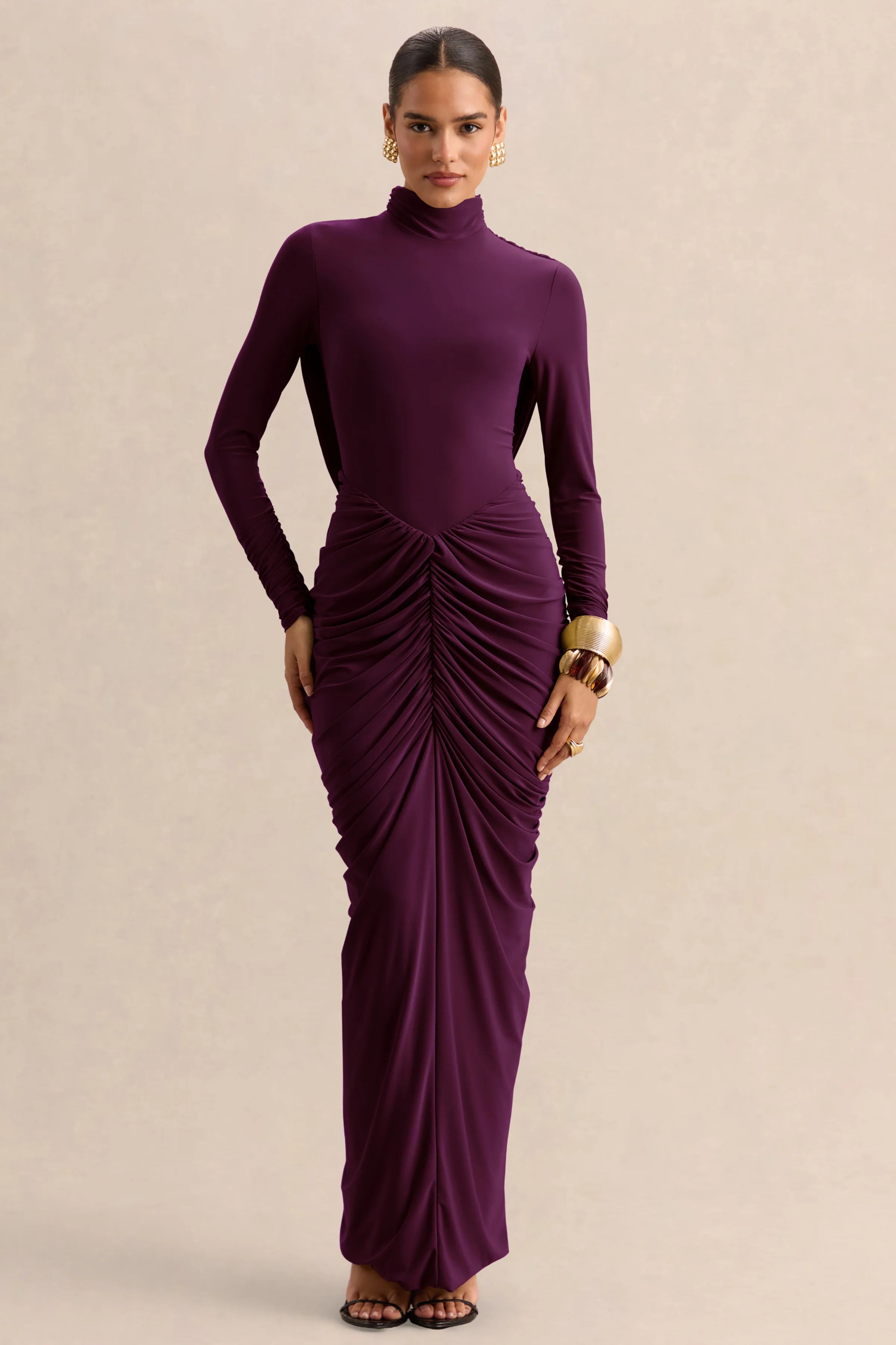 Harmona Dark Plum High Neck Maxi Dress With Gathered And Draped Detailing