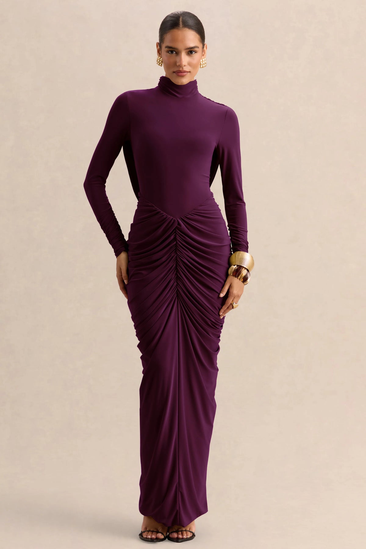 Harmona Dark Plum High Neck Maxi Dress With Gathered And Draped Detailing