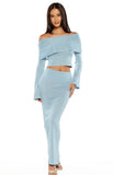 Simona Blue Long Sleeve Off Shoulder Knit Top