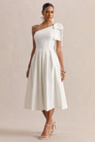Meria White Asymmetric Neck Midi Dress With Bow Sleeve