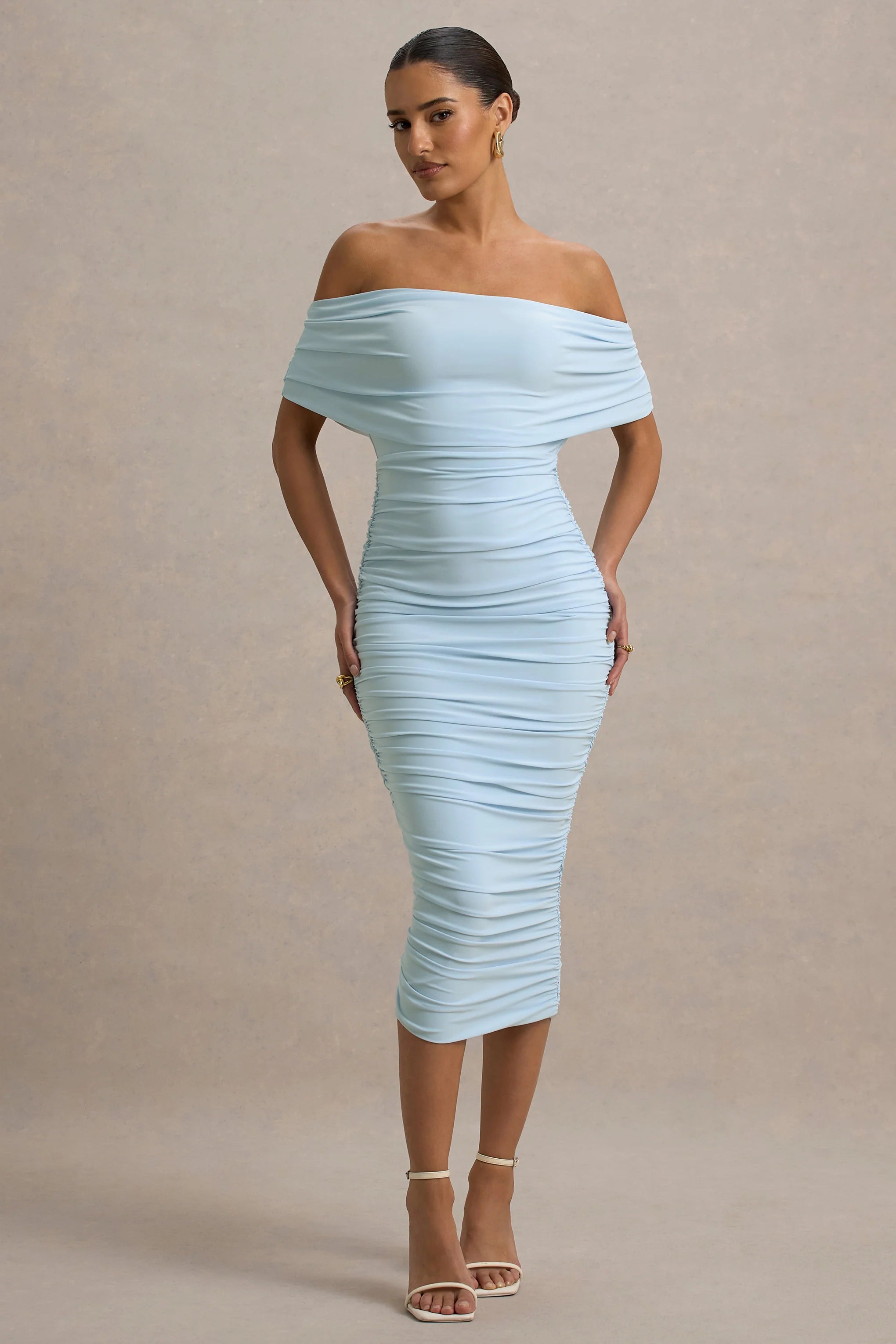 Rayleigh Powder Blue Bardot Ruched Midi Dress
