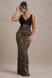 Sahara Leopard Print Satin V Neck Maxi Dress With Black Lace Trim