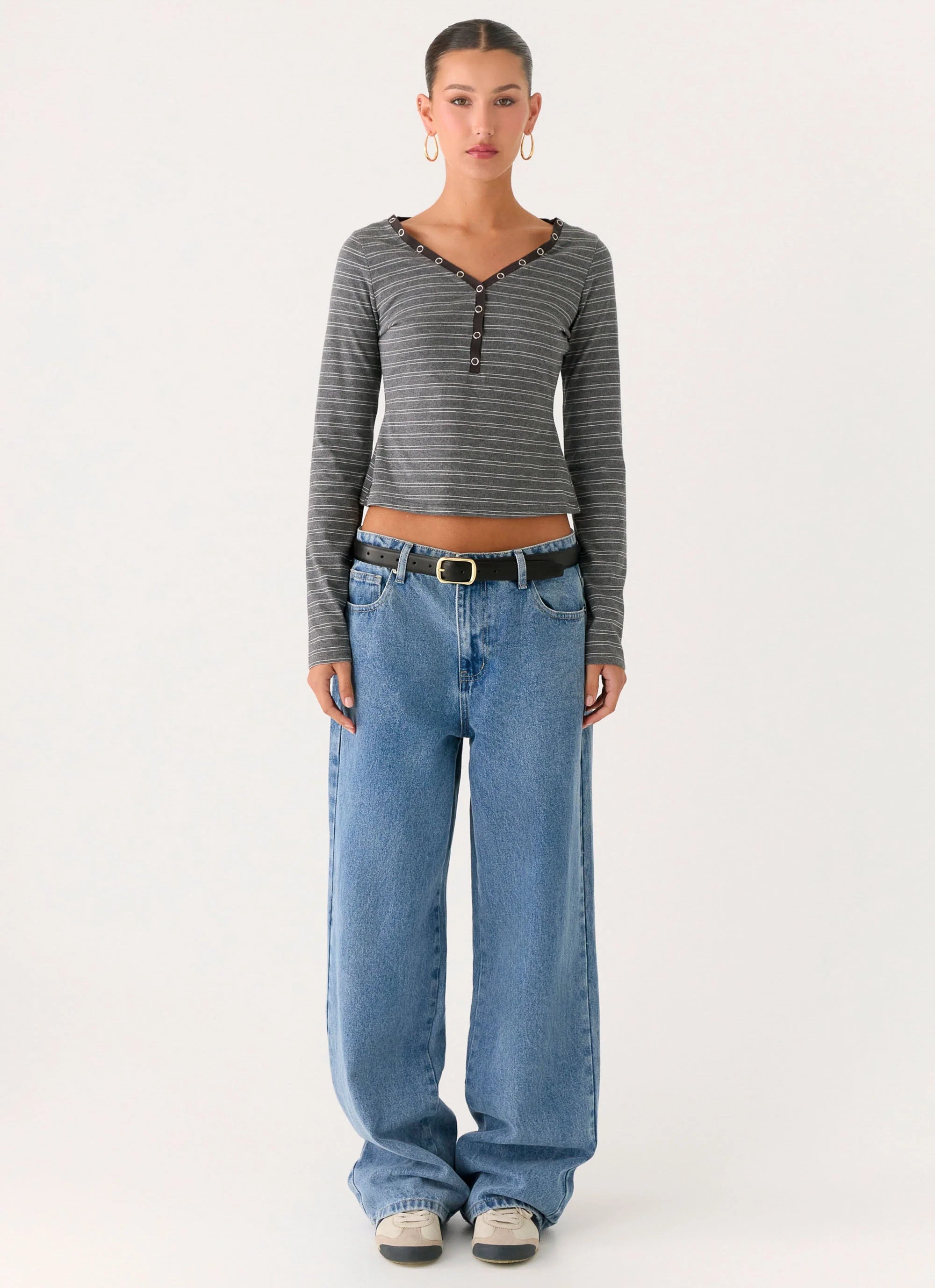 Kaytra Long Sleeve Top Grey Marle Stripe