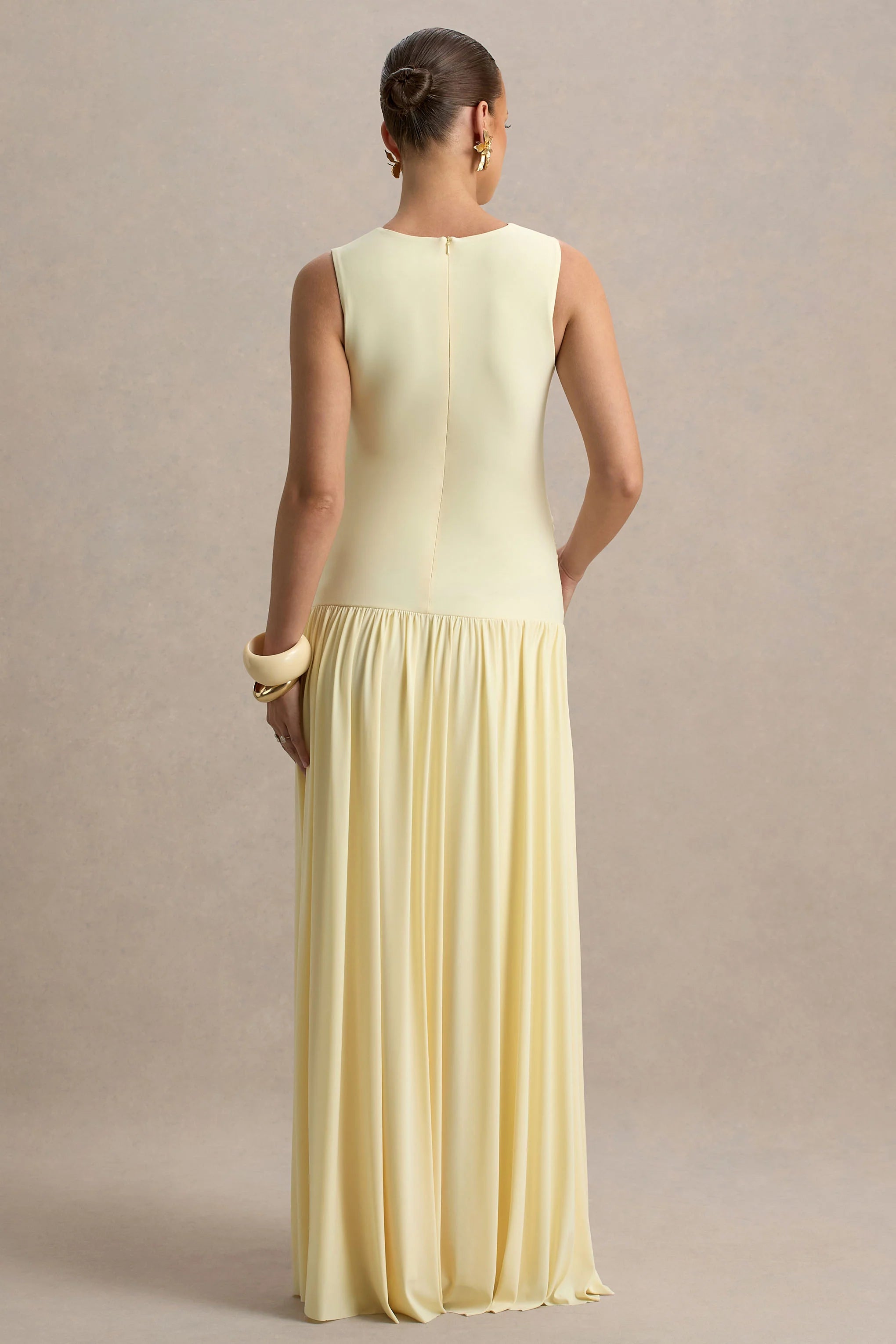 Outline Lemon Crew Neck Maternity Maxi Dress With Pleated Skirt