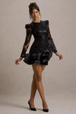 Myka Black Sequin Long Sleeve Ruffle Hem Mini Dress