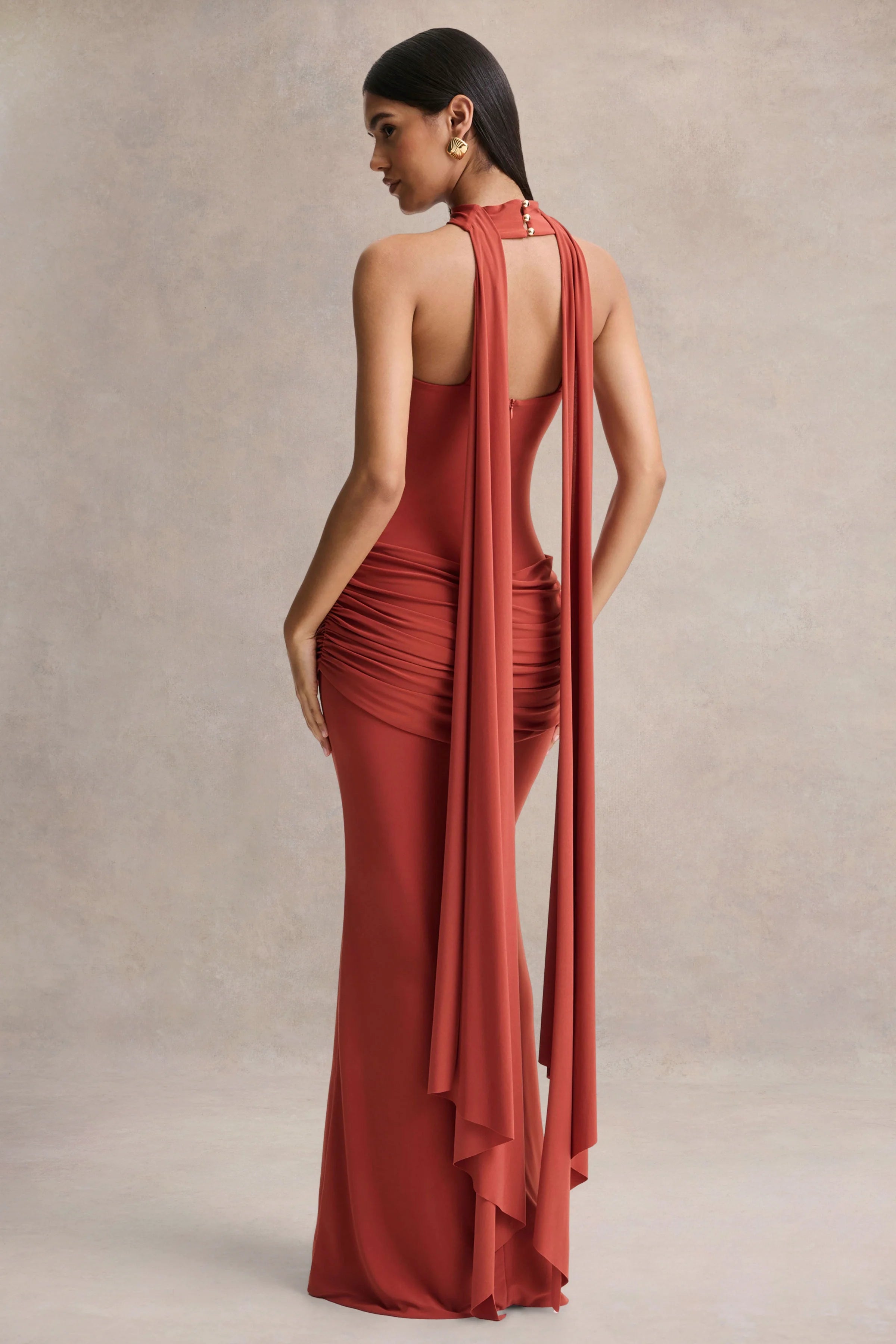 Graciella Rust Bandeau Maxi Dress With Draped Detailing And Scarf