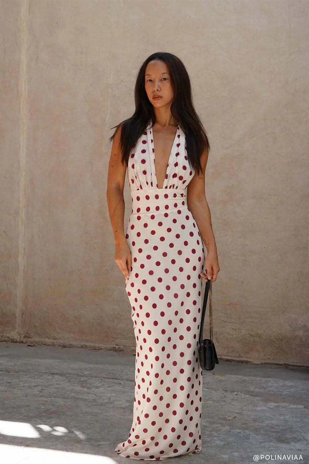 Nadine Halter Chiffon Maxi Dress Ivory Merlot Polka Dot