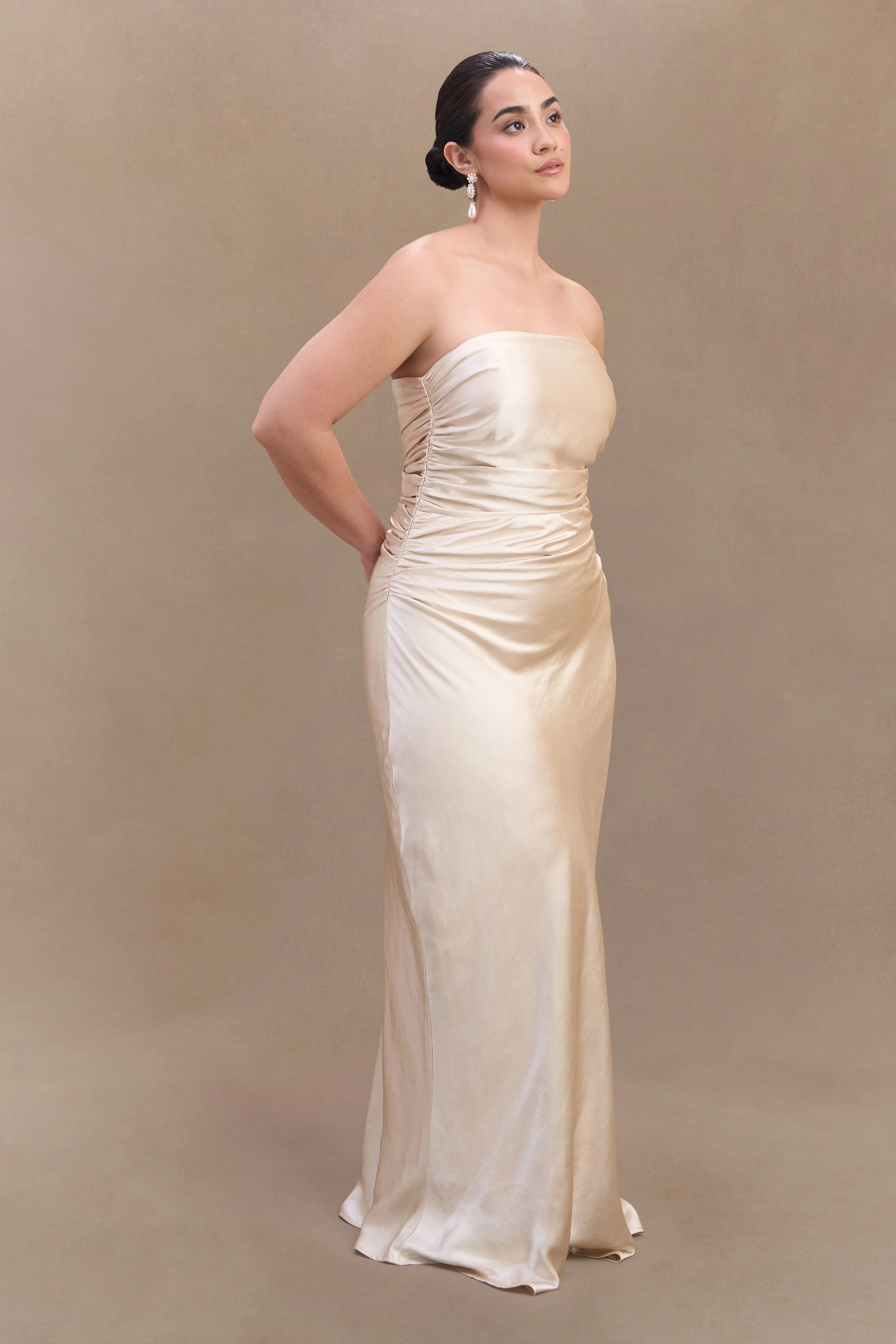 Cedar Strapless Satin Maxi Dress Blush Gold