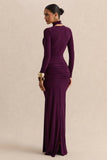 Linessa Dark Plum High Neck Maxi Dress With Sash And Gathered Detailing