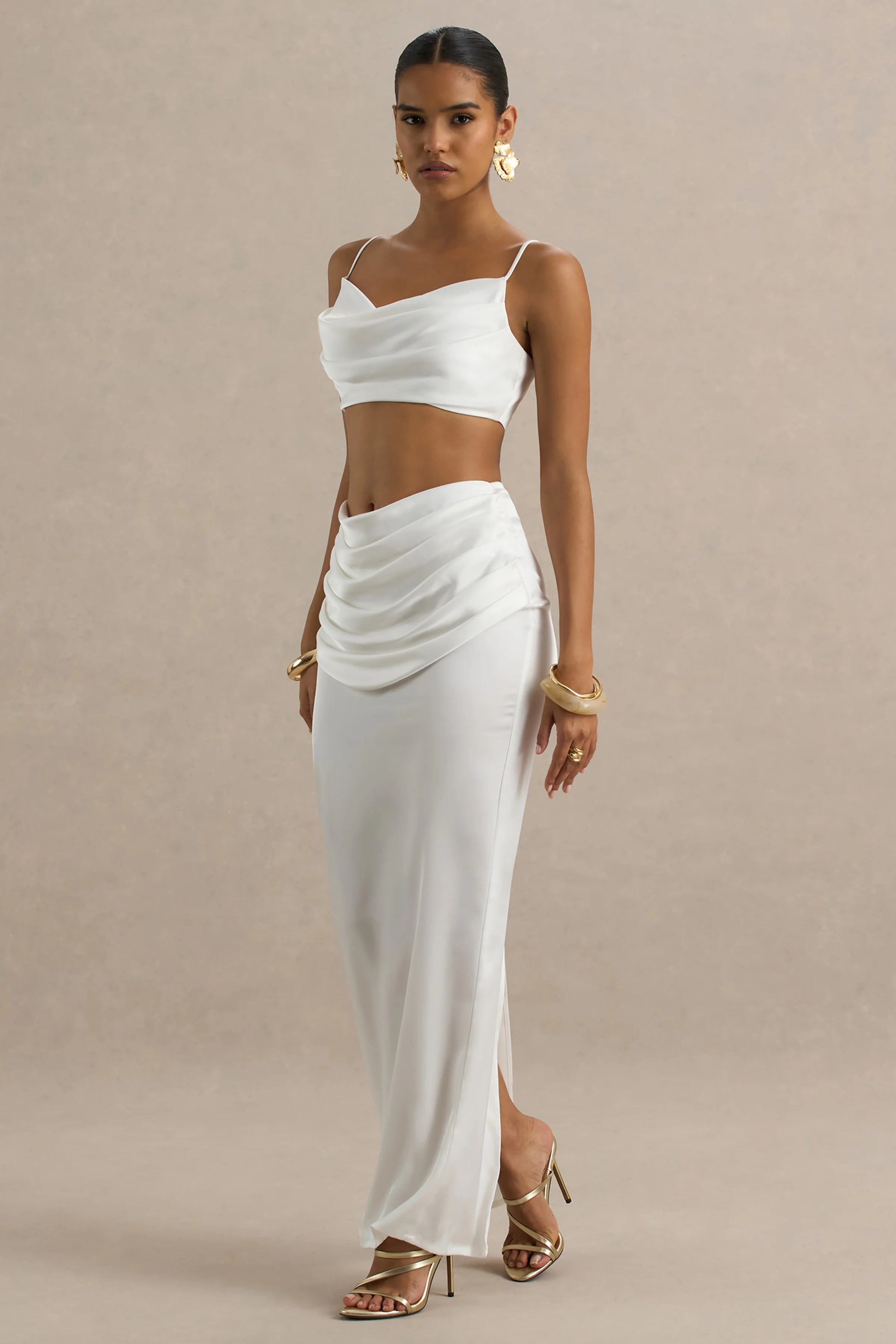 Rosita White Ruched Maxi Skirt