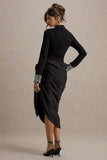 Luanna Black Satin Long Sleeve Midi Dress With Draped Skirt And Embellised Cuffs
