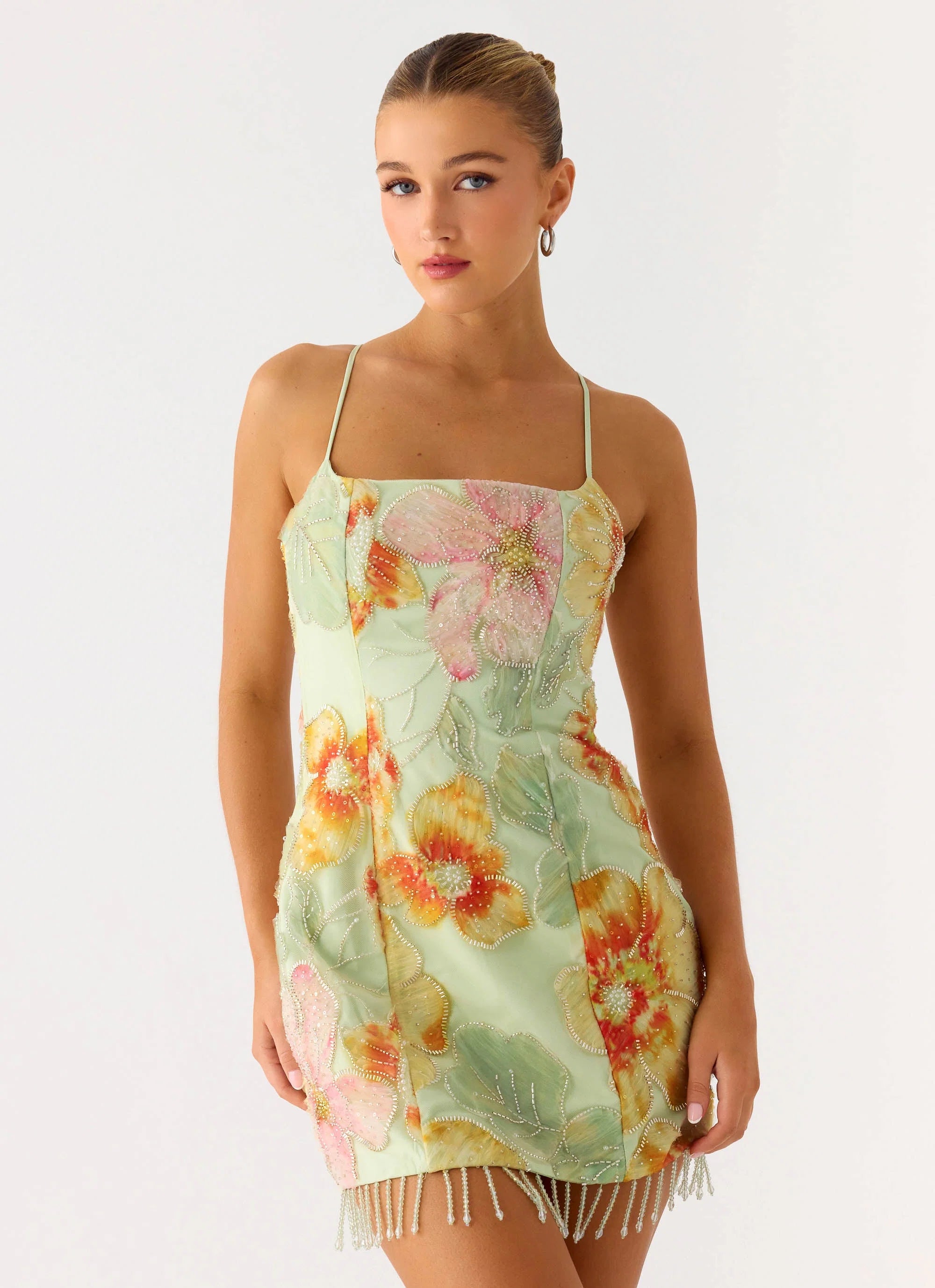Gatiana Beaded Sequin Mini Dress Green Floral Beaded