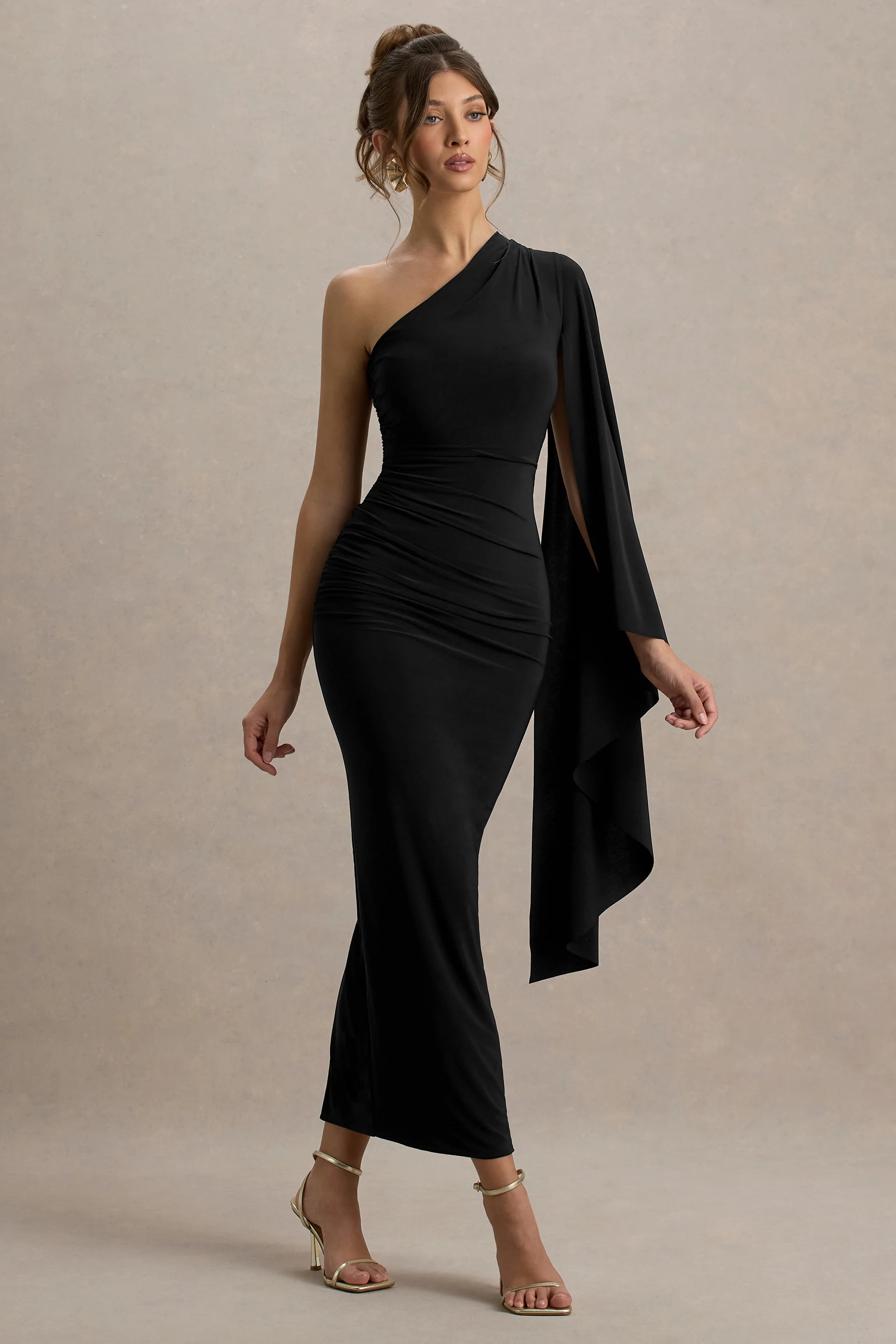 Clementina Black Asymmetric Cape Sleeve Maxi Dress
