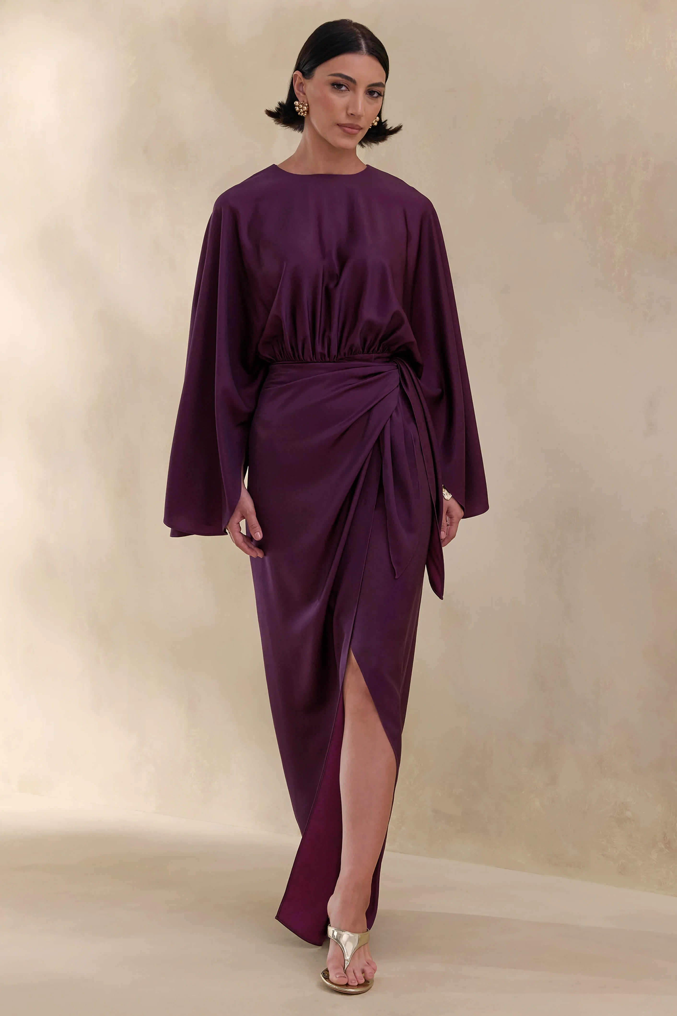 Delphina Plum Satin Maxi Dress With Gathered And Knot Detail