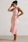 Golden Girl Blush Pink Satin One Shoulder High Neck Flared Midi Dress