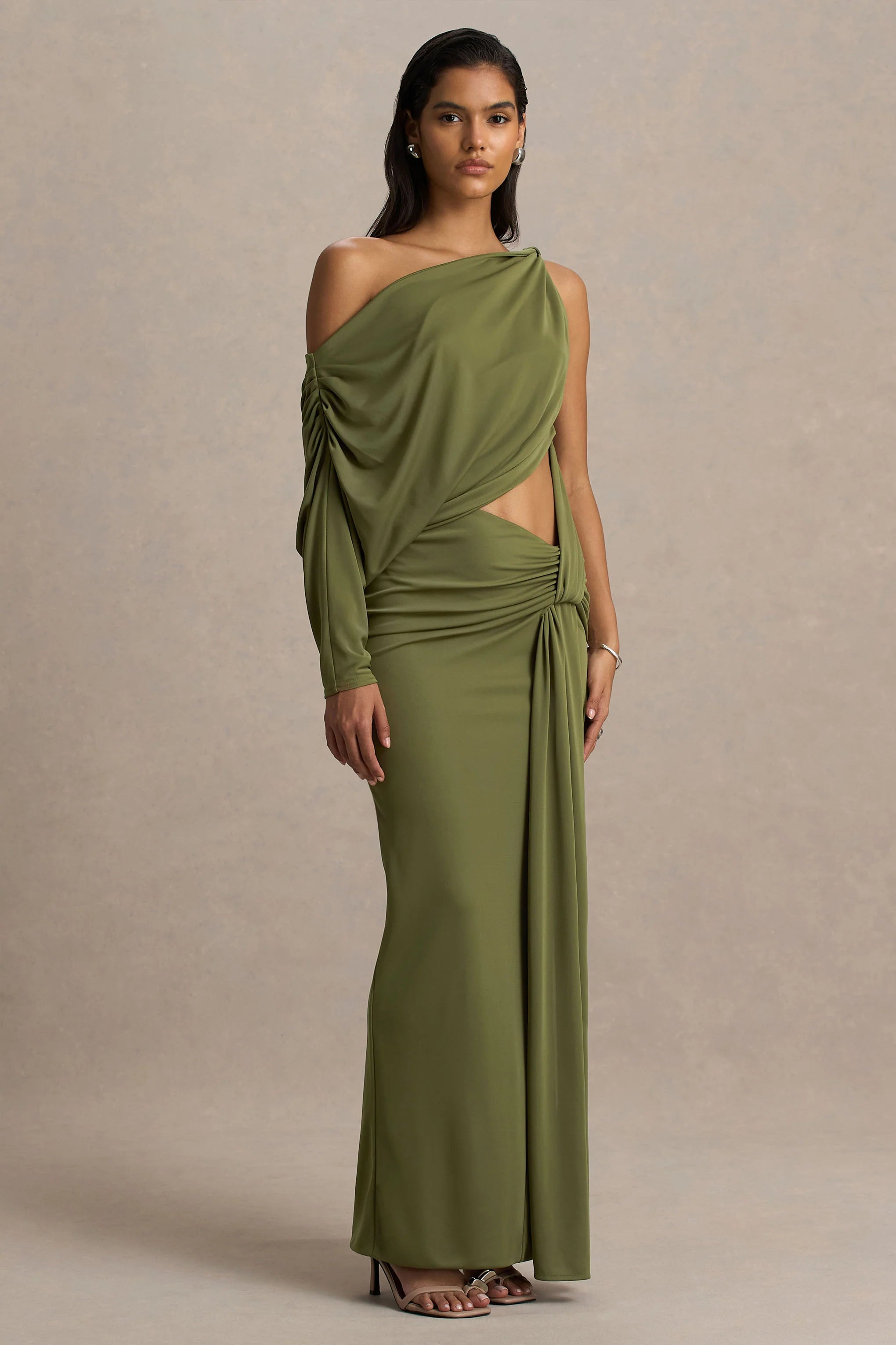 Layla Olive Asymmetric Neck Wrap Maxi Dress With Body Cut Out And Ruched Detailing