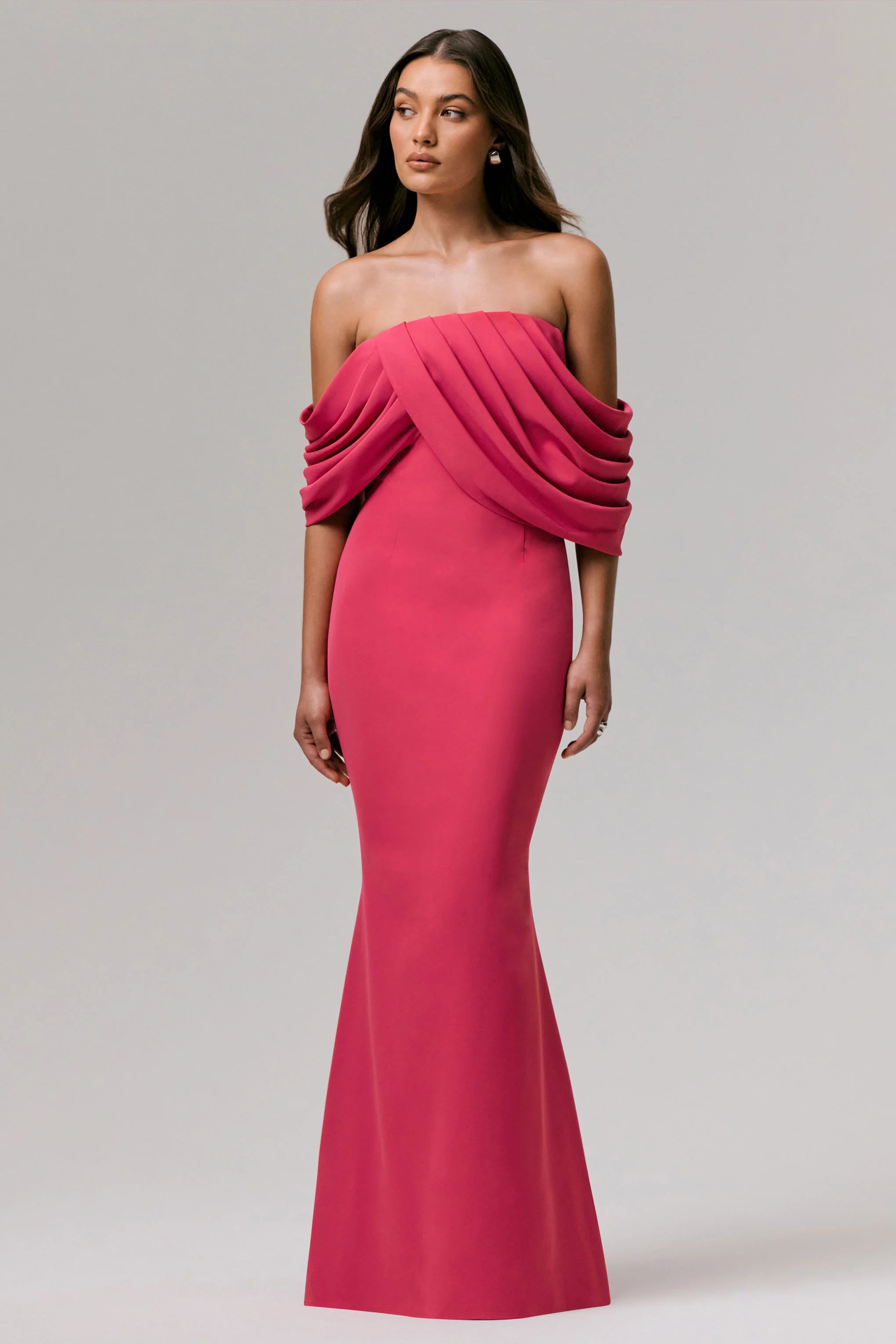 Serene Hot Pink Draped Bardot Maxi Dress