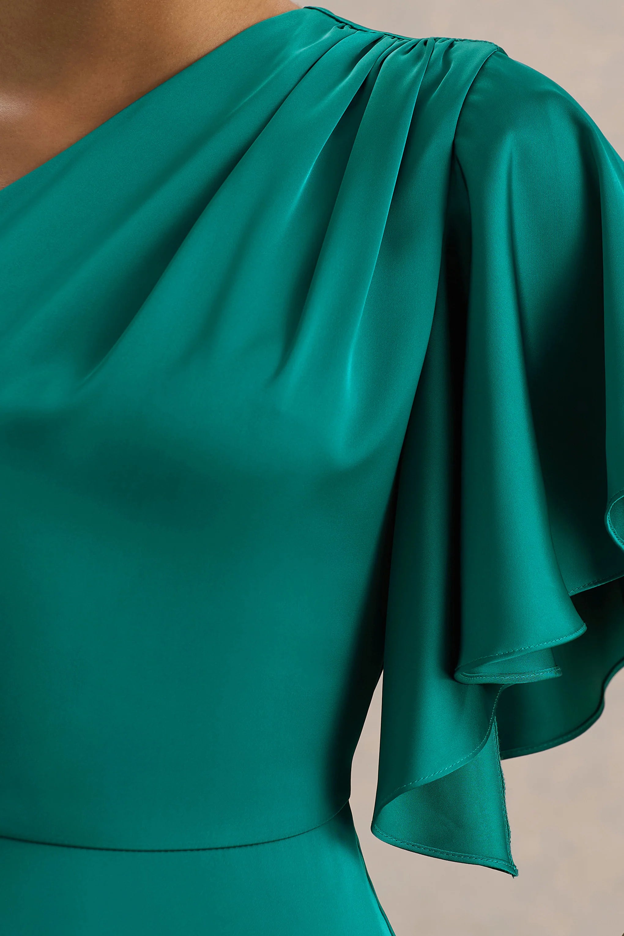 Unforgettable Bottle Green Asymmetric Neck Maxi Dress With Ruffled Detailing