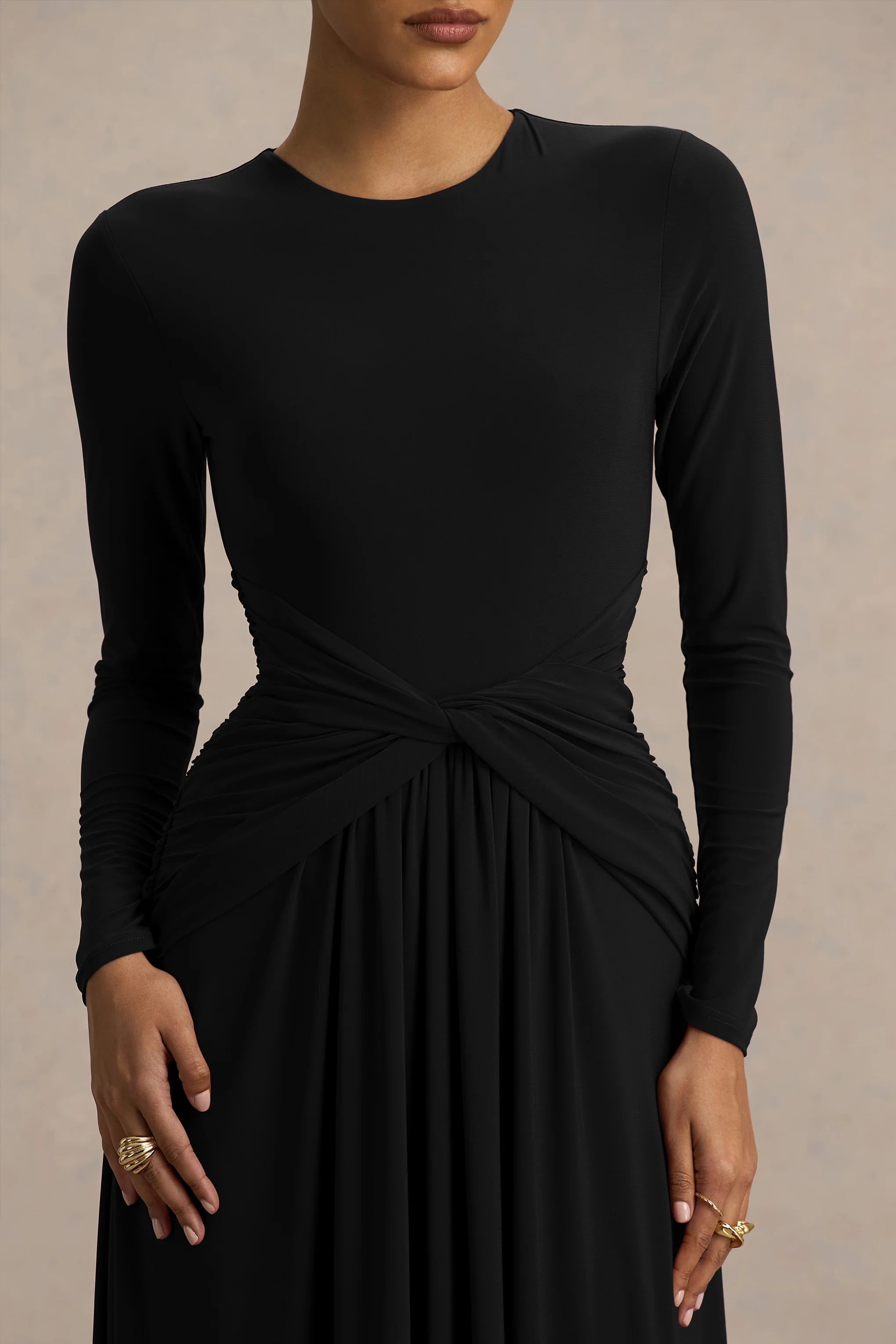 Estrella Black High Neck Maxi Dress With Ruched Detailing
