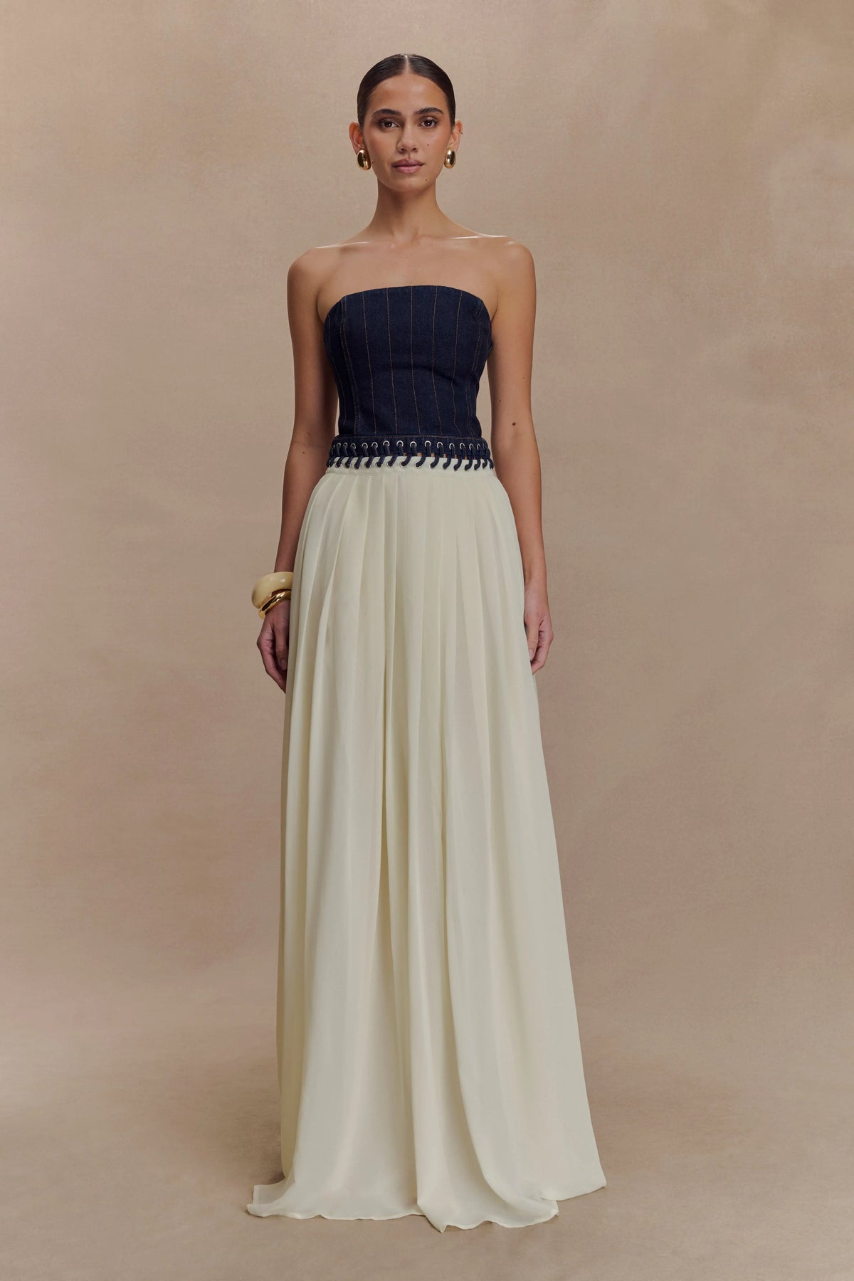 Suella Chiffon Denim Maxi Dress Indigo Blue
