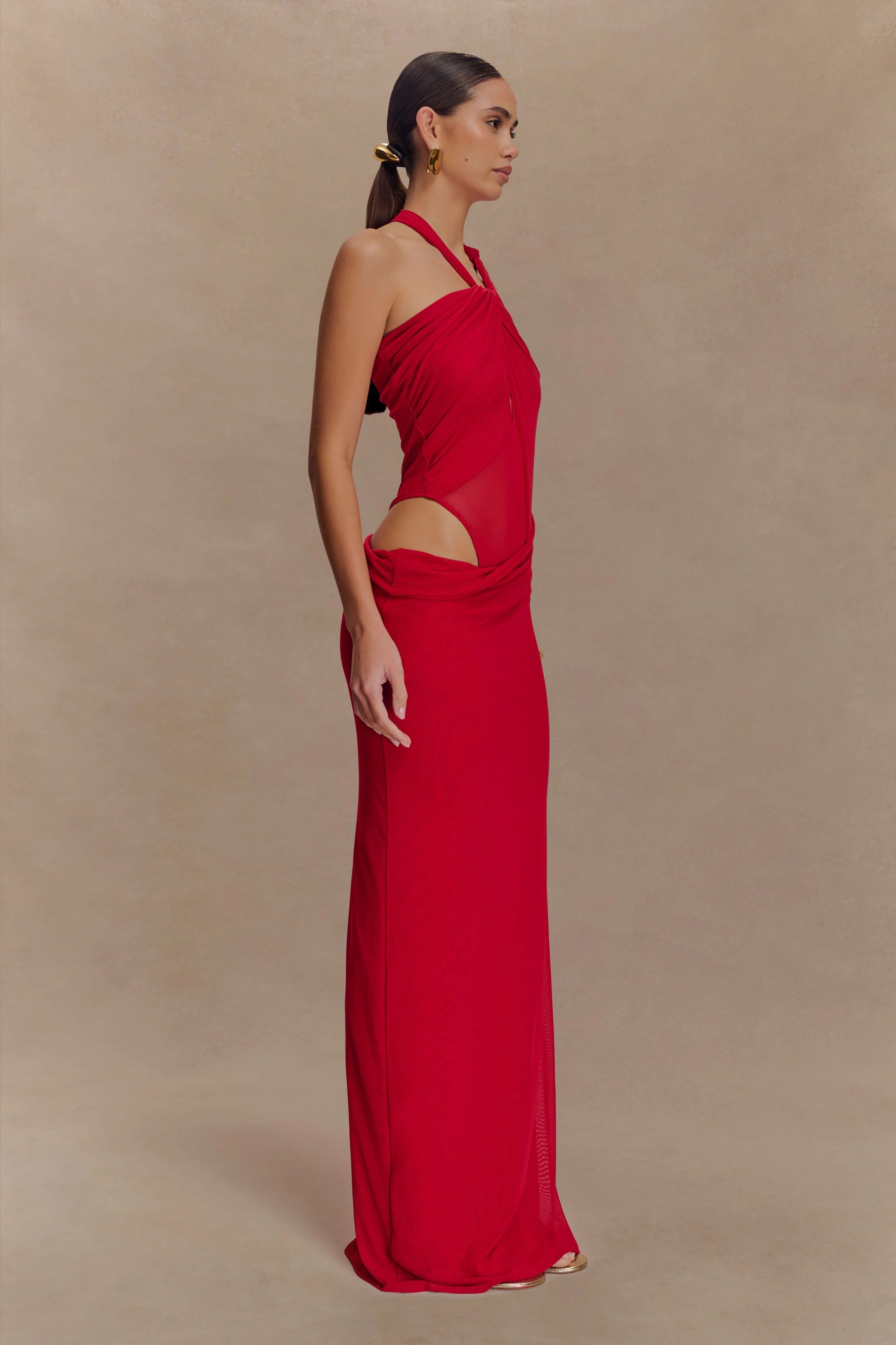 Edwina Knotted Mesh Maxi Dress Red