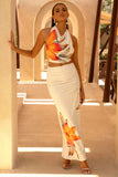 Stassi Orange Floral Placement Print Ruched Split Maxi Skirt