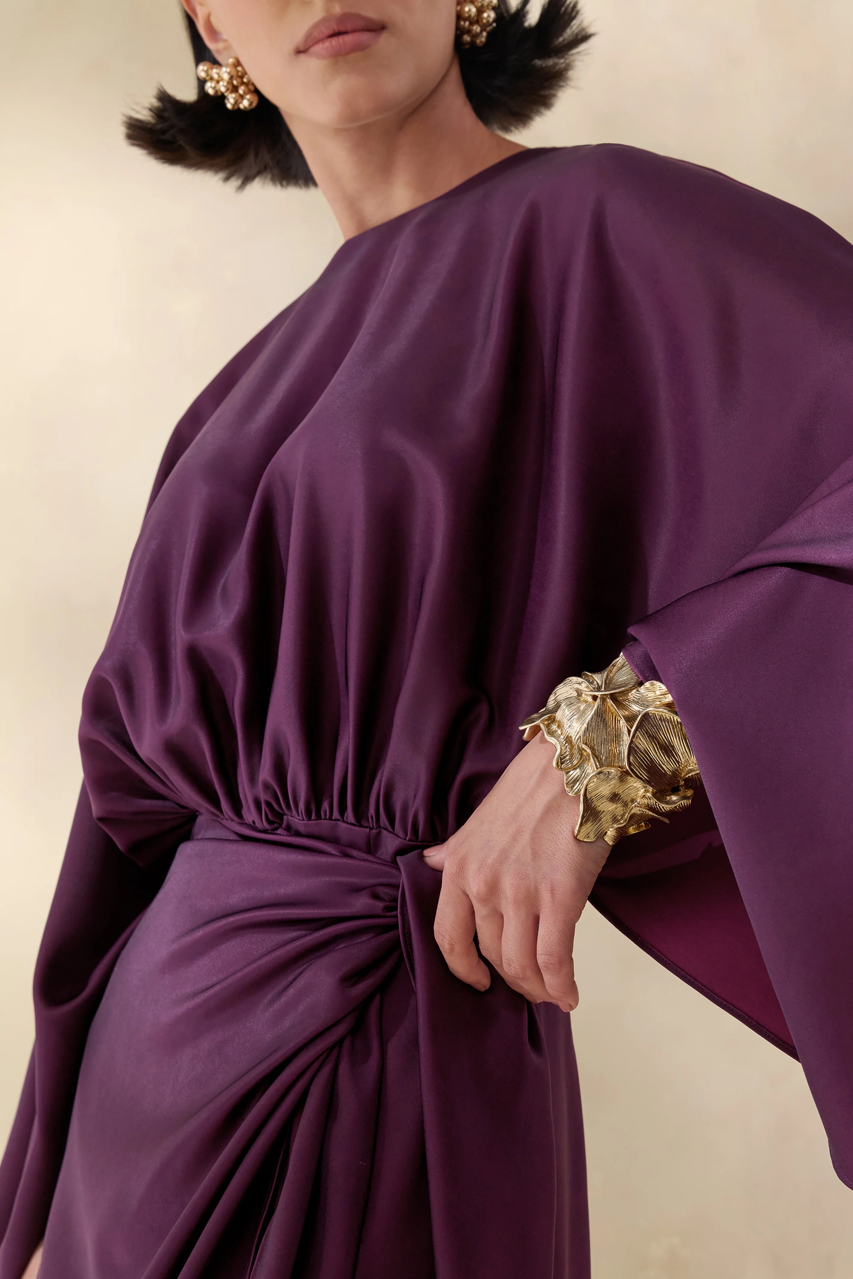 Delphina Plum Satin Maxi Dress With Gathered And Knot Detail