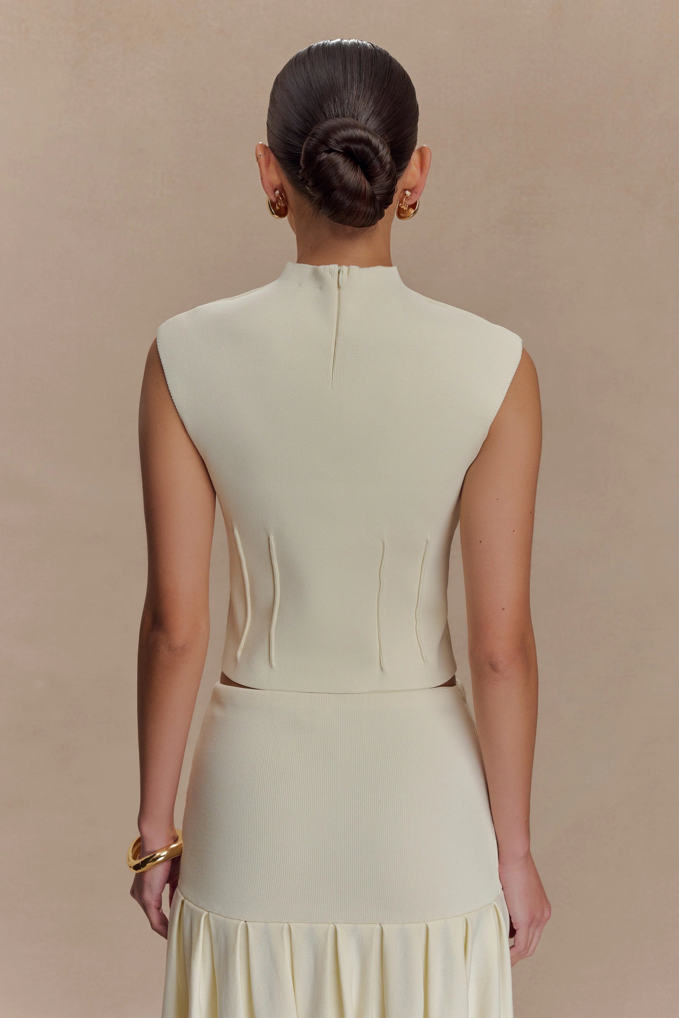Romaine High Neck Bandage Knit Top Ivory