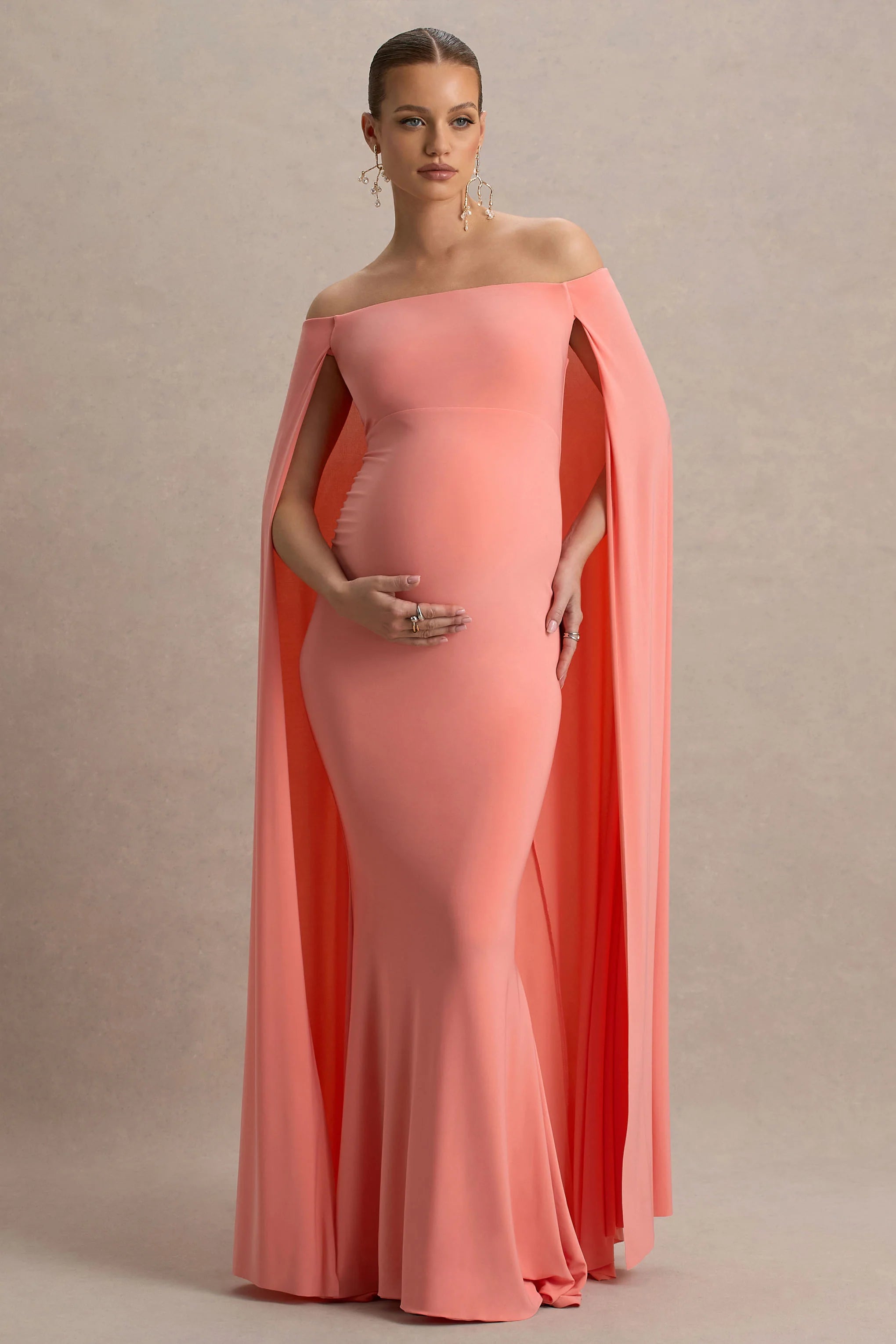 Radiance Coral Bardot Maternity Maxi Dress With Cape