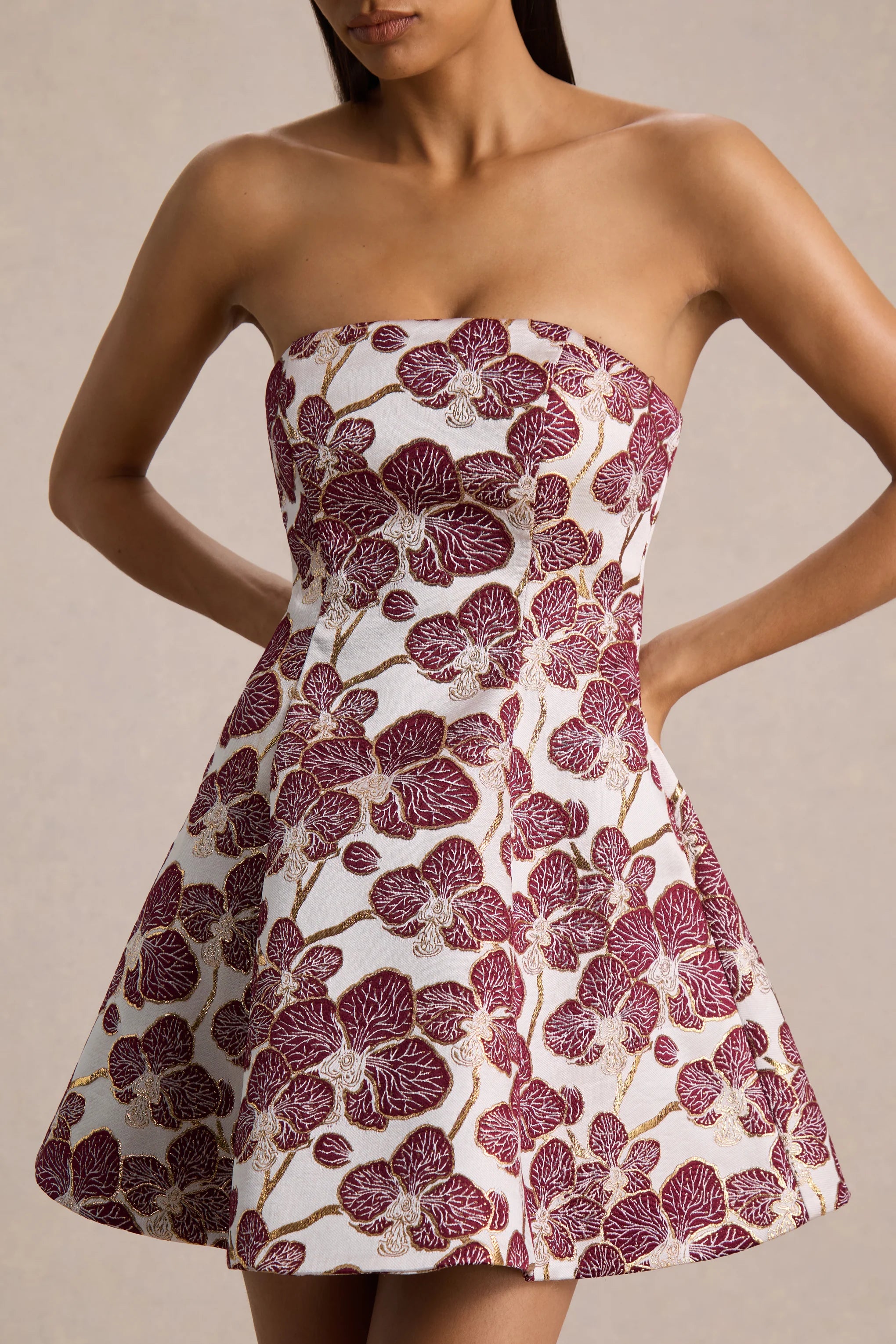 Federica Burgundy And Gold Jacquard Bandeau A Line Mini Dress