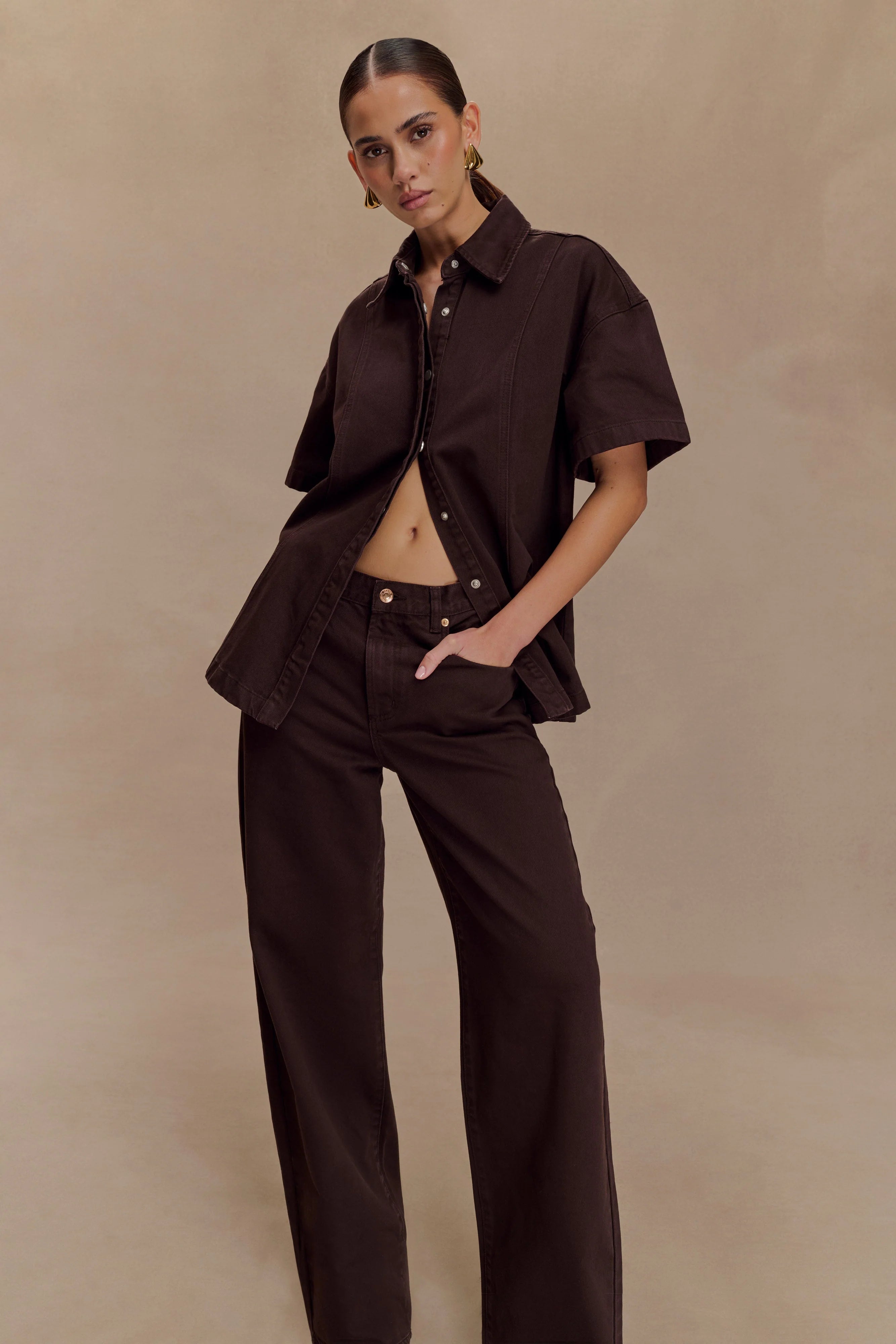 Maya Oversized Denim Shirt Chocolate