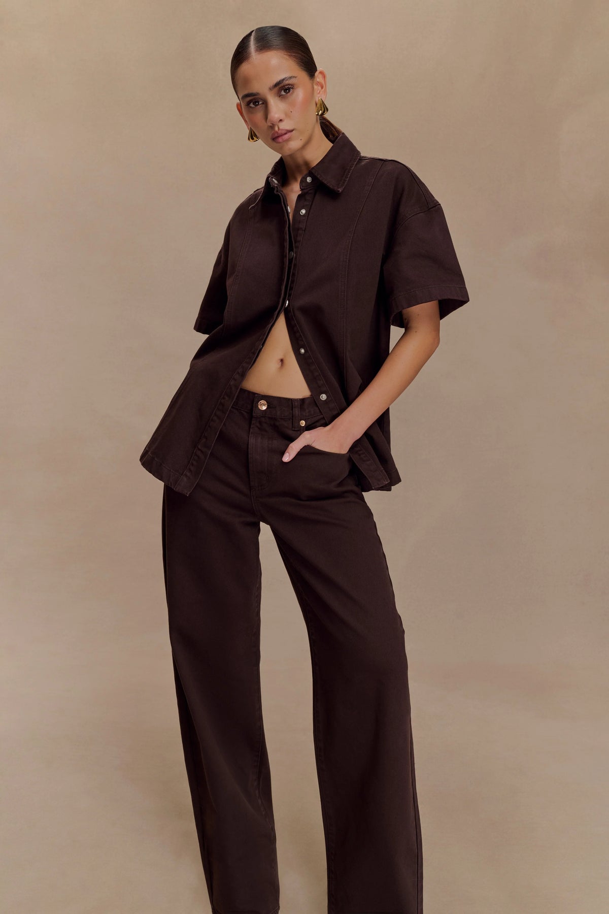 Maya Oversized Denim Shirt Chocolate