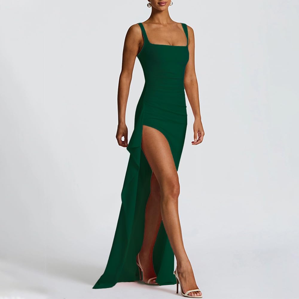 Women Formal Dresses Sleeveless Bodycon Ruched High Slit Sexy Maxi Dress Cocktail Prom