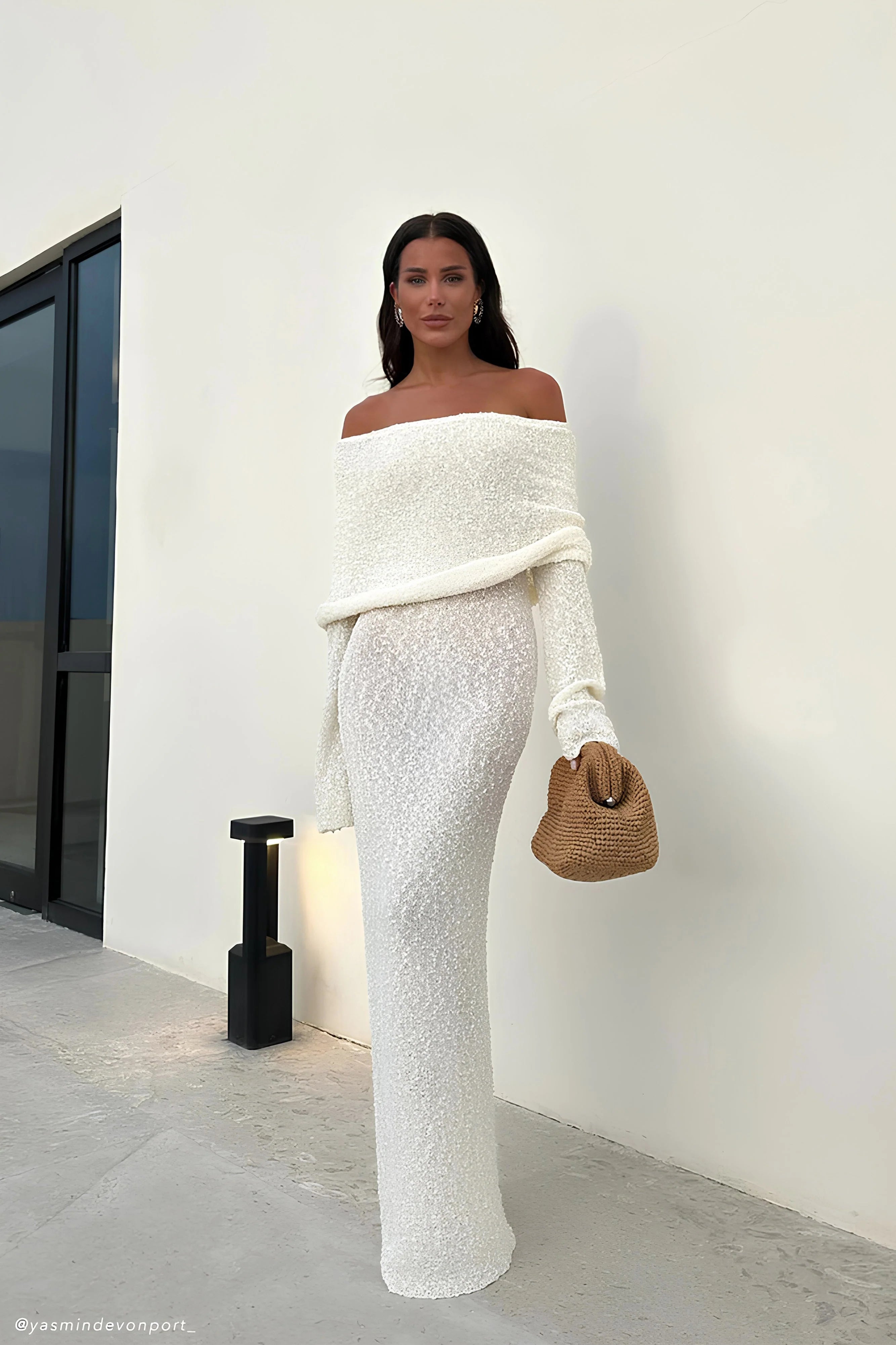 Marisol Off Shoulder Boucle Maxi Dress Ivory