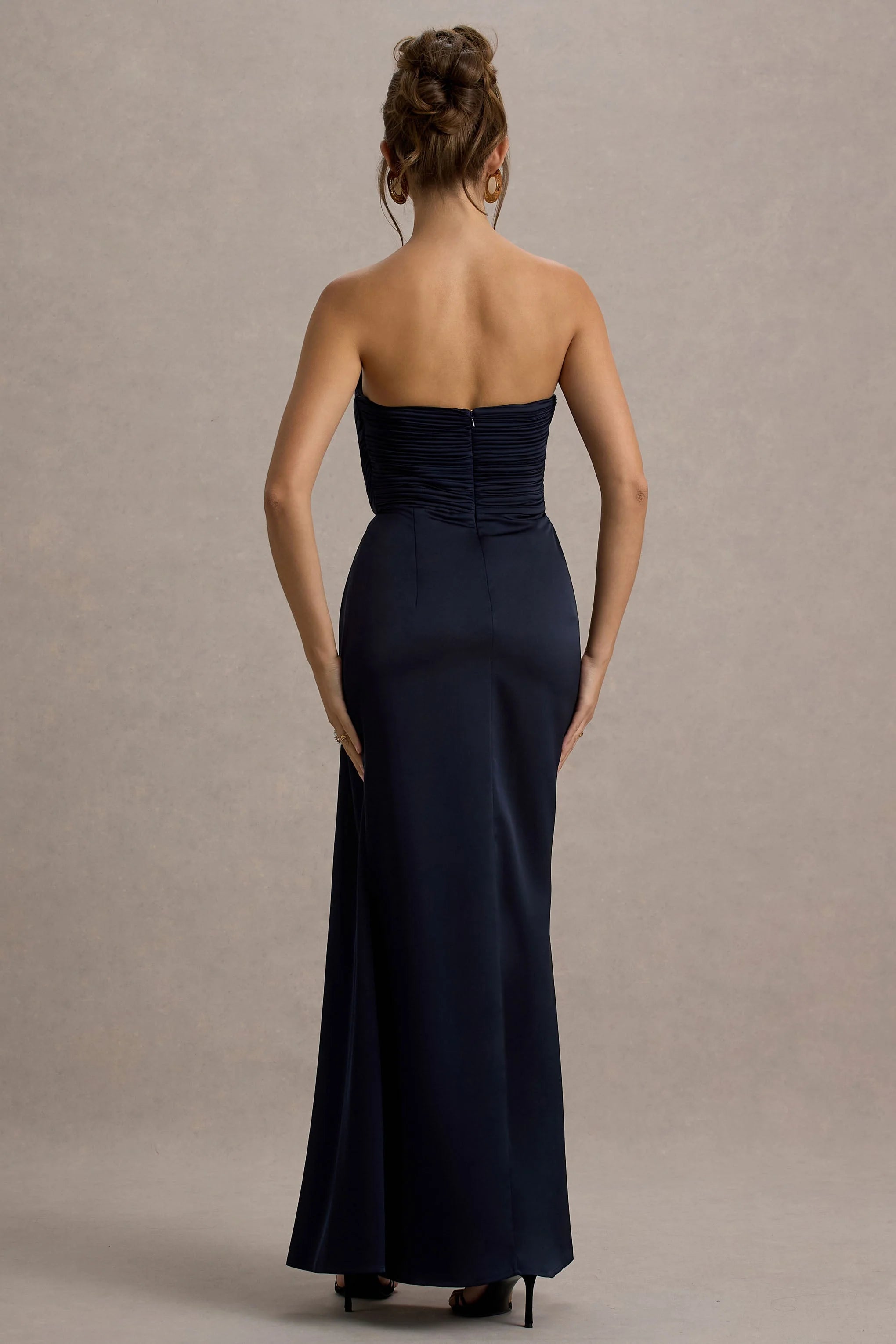Edel Navy Satin Strapless Maxi Dress With Drape