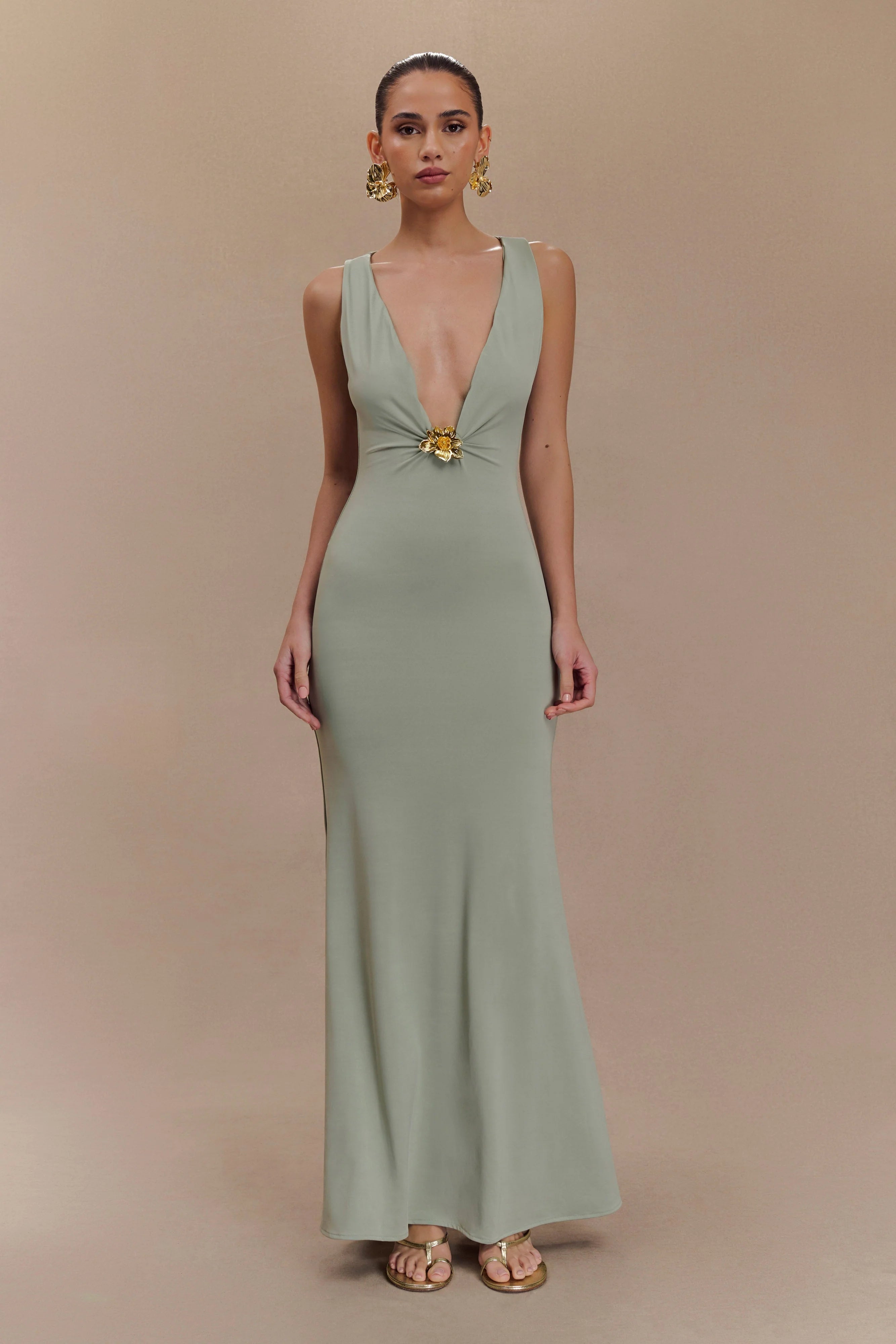 Beck Plunge Maxi Dress With Floral Hardware Basil