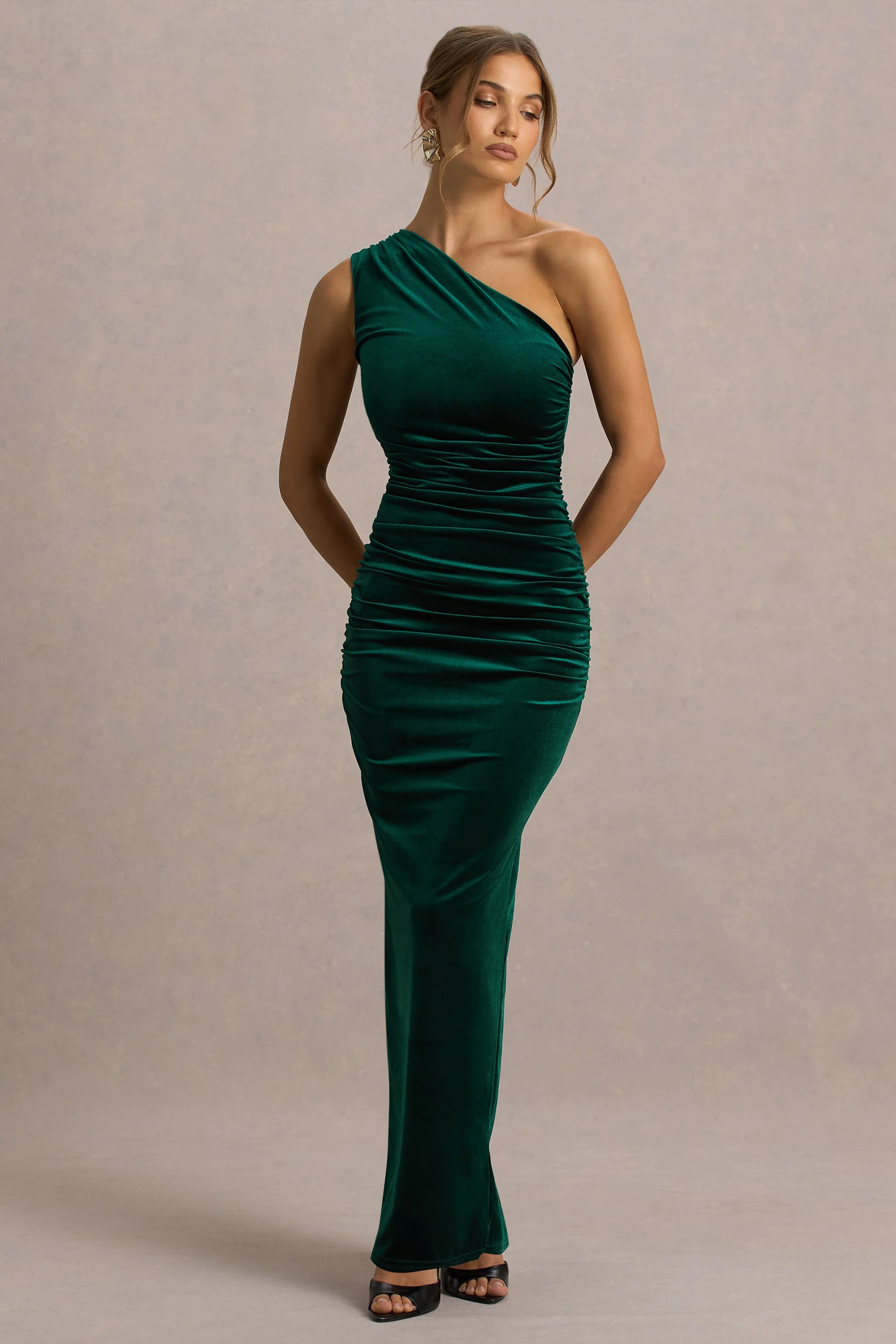 Treat Bottle Green Velvet Asymmetric Neck Maxi Dress With Ruched Detailing