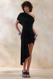 Dalina Black Asymmetric Neck Mini Dress With Sash Detail