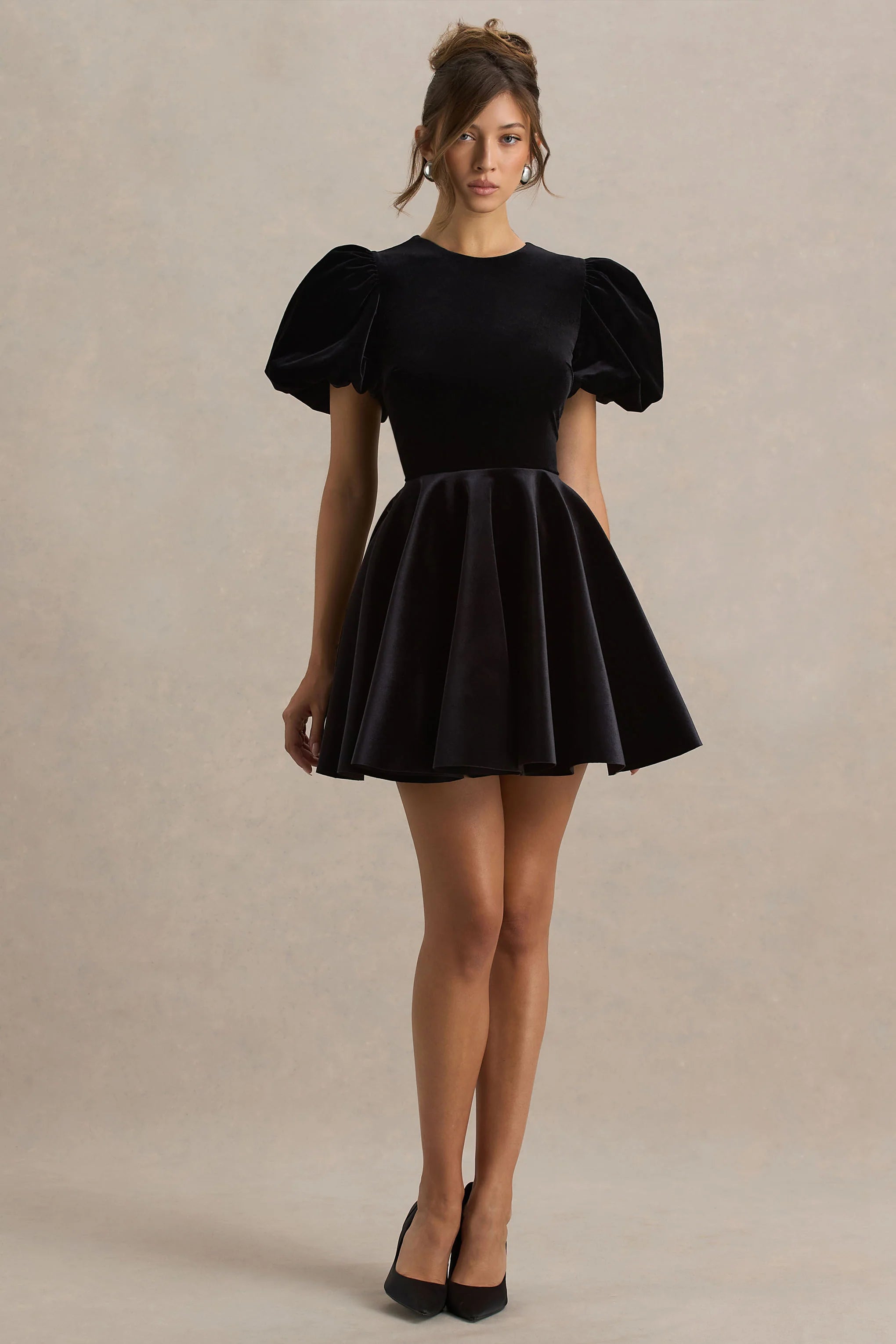 Priya Black Velvet Mini Dress With Puff Sleeves