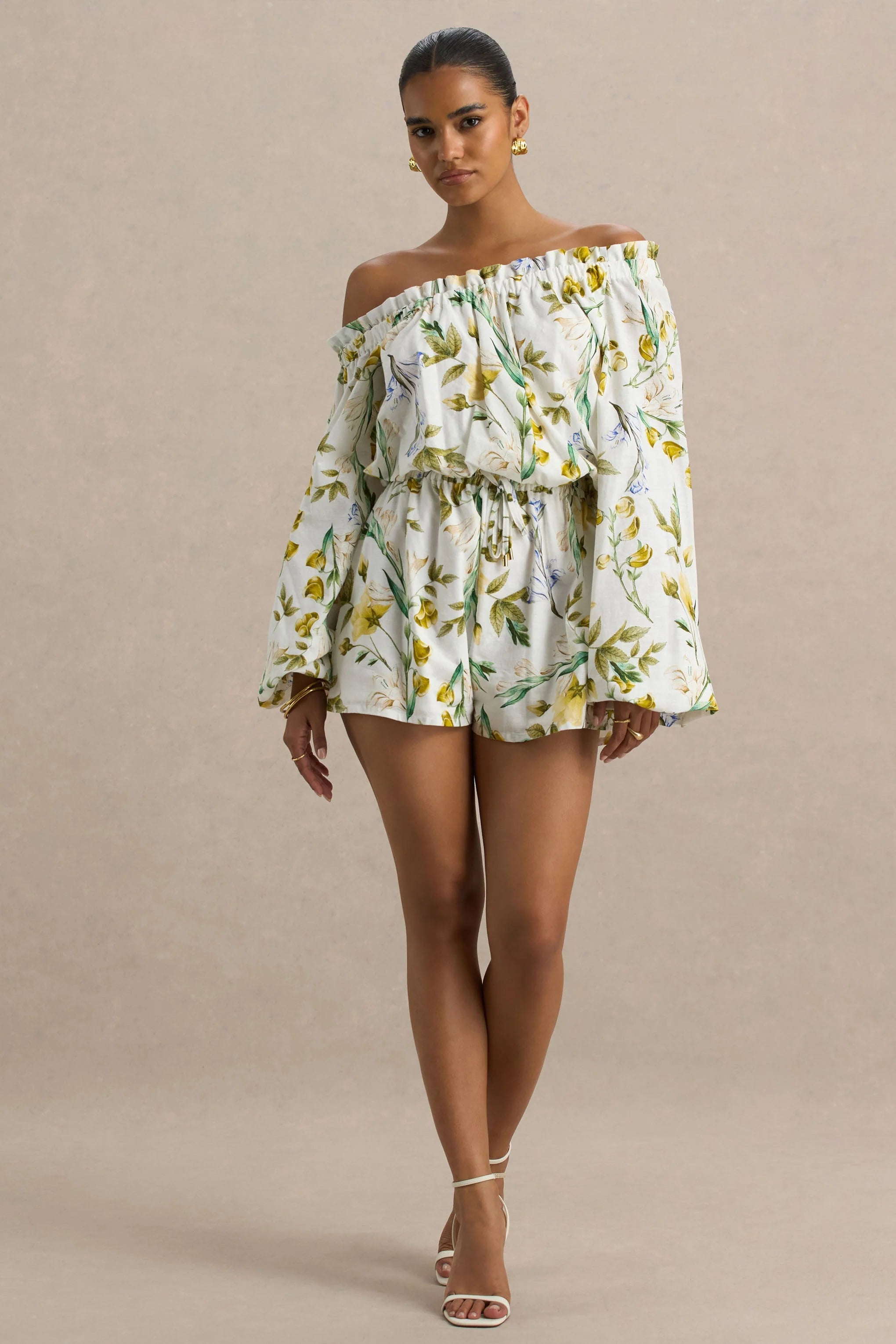 Waterfall Lemon Floral Print Asymmetric Long Sleeve Playsuit