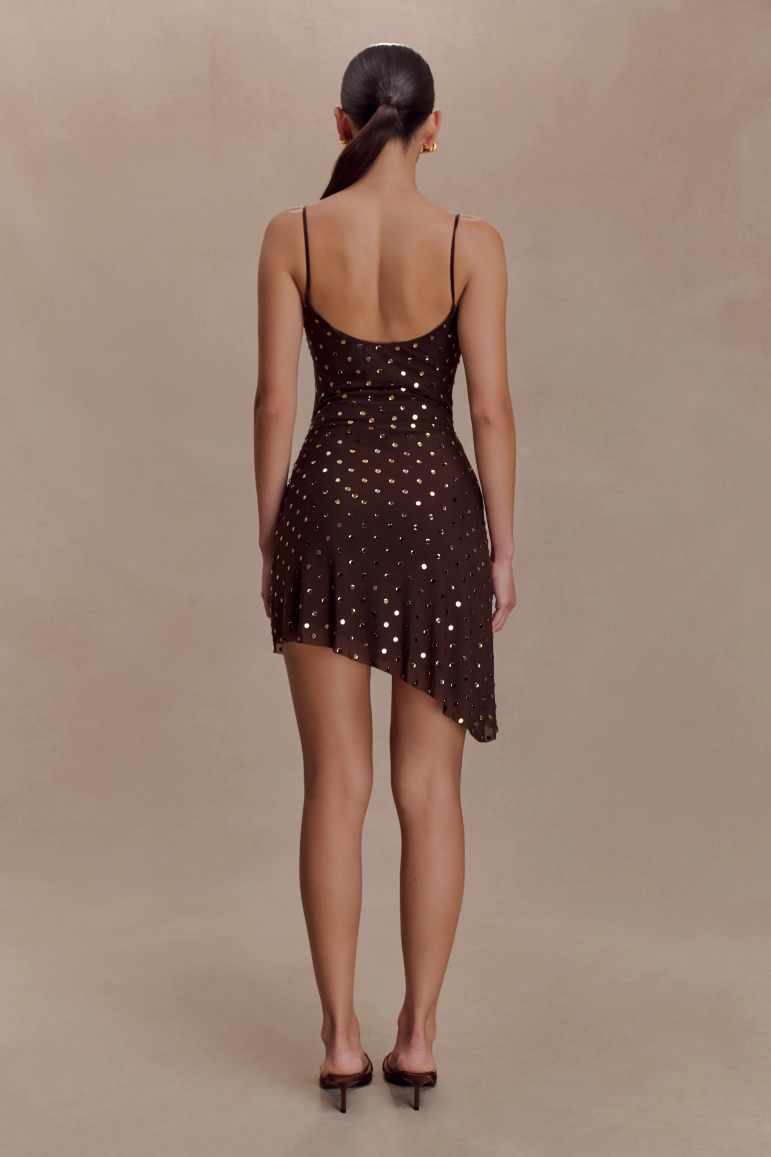 Zahra Diamante Cowl Mini Dress Chocolate