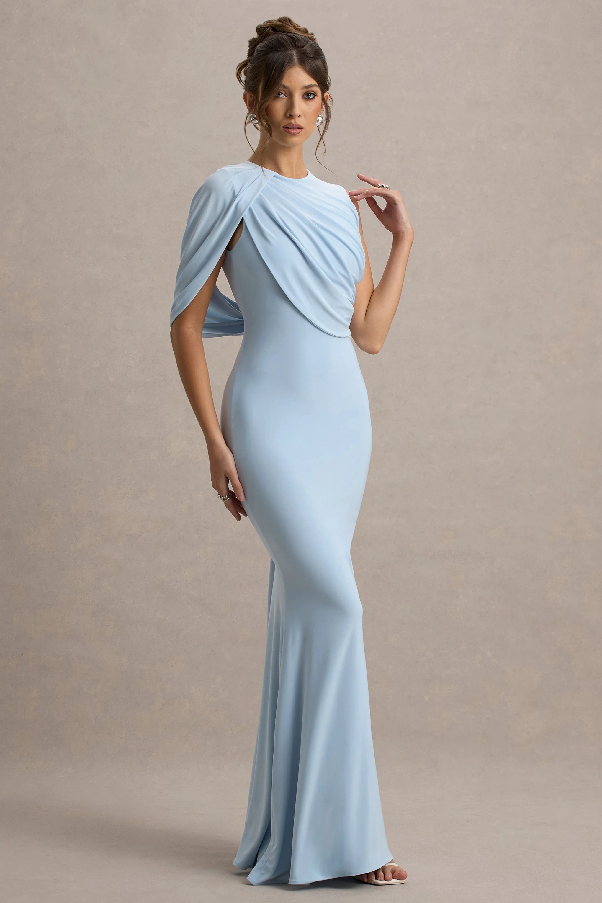 Rae Powder Blue Maxi Dress With One Sleeve Cape