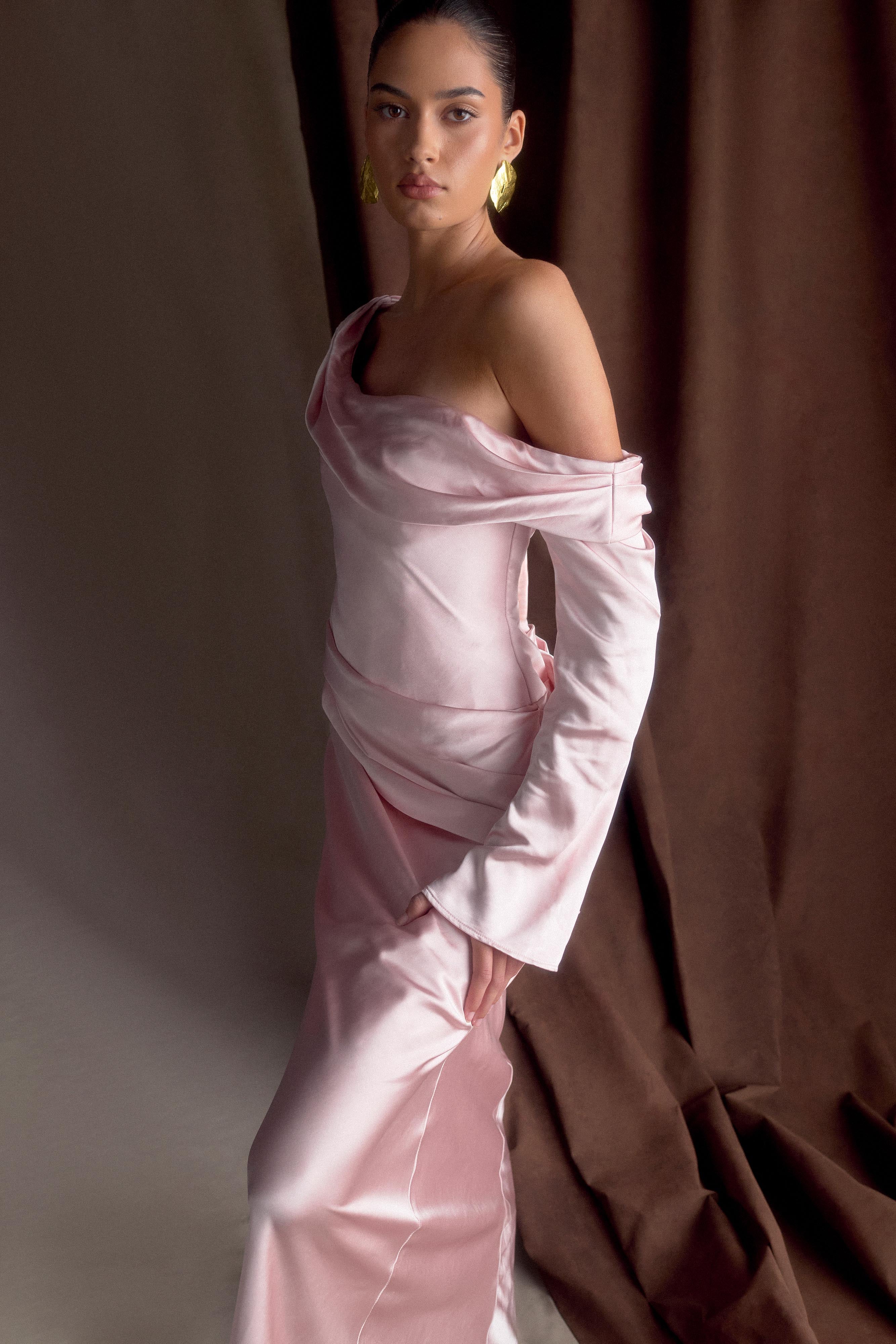 Iris Long Sleeve Satin Maxi Dress Soft Pink