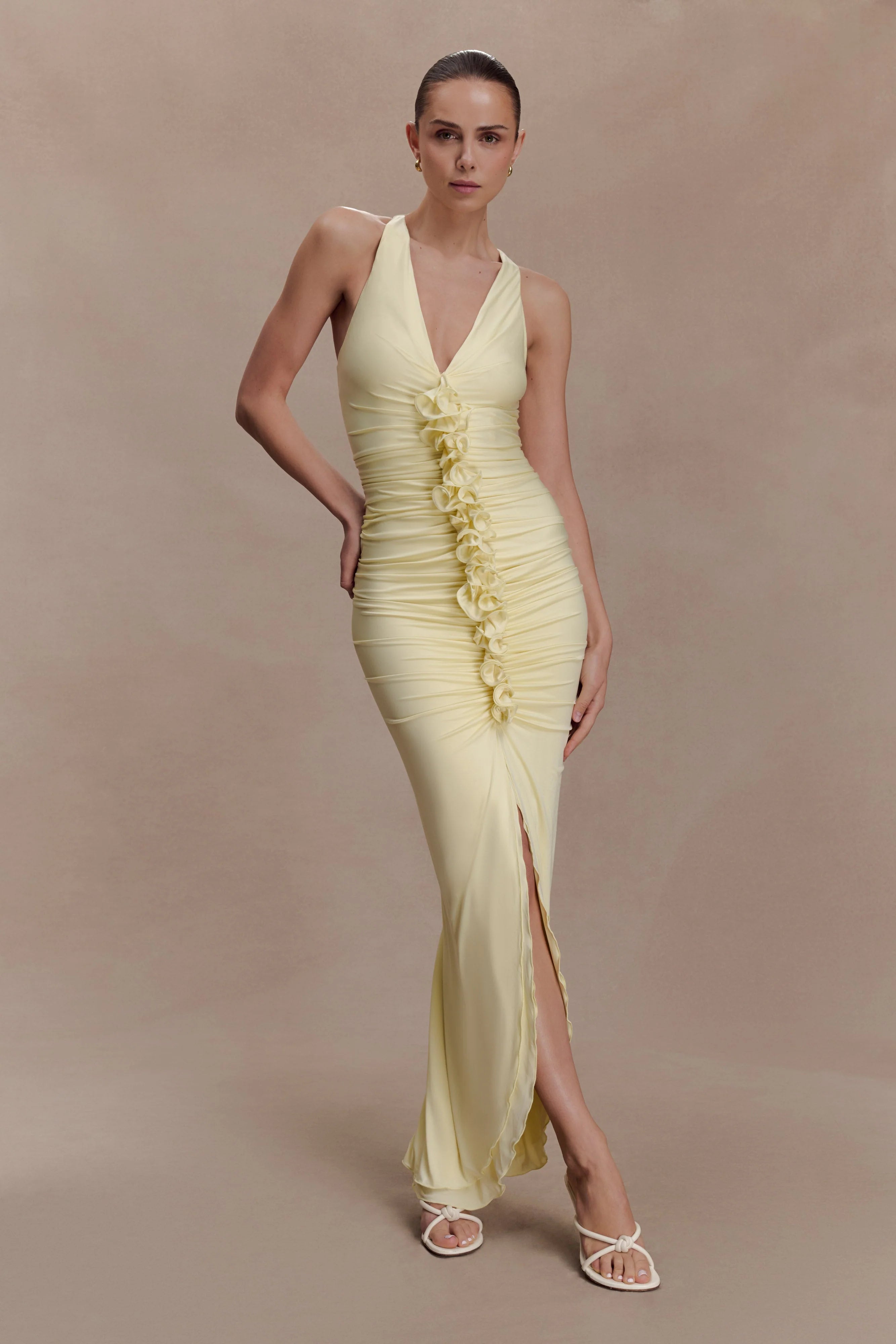 Alessandra Slinky Ruffle Maxi Dress Lemon