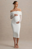 Adita White Mesh Floral Bardot Maternity Midi Dress